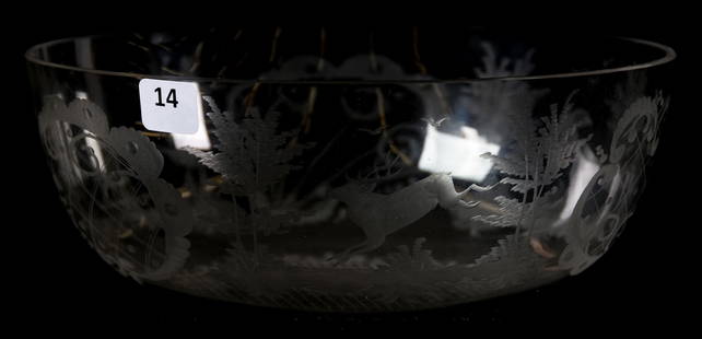 Bohemian Art Glass Bowl, Engraved: Bohemian Art Glass Bowl, 3.5" x 9" Engraved Dear, Game Bird & Cottage Design, Lattice Highlights; 19th Century, Margaret and the Late Joseph Karr Sr., Arkansas