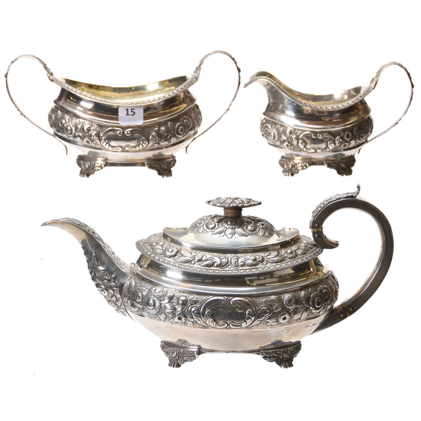 English Solid Sterling Silver 3 Piece Tea Set: English Solid Sterling Silver 3 Piece Tea Set; 6" x 11.5" Tea Pot, Pattern Matched Creamer & Sugar, Embossed Floral Design, Hallmarks Indicate Harrison & Brothers, 1,190 Grams, Circa 1900's; Great Set