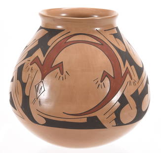 Mata Ortiz Polychromatic Olla, Rafael Sileira: Rafael Sileira, Mata Ortiz Polychromatic Olla 9.5" x 10.5" Lizard & Geometric Designs, Signed, Marked in Large Ink Stamp "Buckhorn Museum"; Circa 1970's, Margaret and the Late Joseph Karr Sr.,