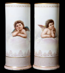 Pair White Opaque Art Glass Cylinder Vases: Pair White Opaque Art Glass Cylinder Vases, 12.75" Hand-Painted Cherubs, Artist Signed Ahne; Nice Trim; Circa 1910's, Margaret and the Late Joseph Karr Sr., Arkansas