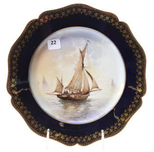 Plate, Marked Limoges, Sailboat Scenic Decor: Plate, Marked Limoges, Sailboat Scenic Decor, 9.5" Cobalt Blue Border, Gold Stencil Highlights, Artist Signed, Very Nice; Circa 1910's, Margaret and the Late Joseph Karr Sr., Arkansas