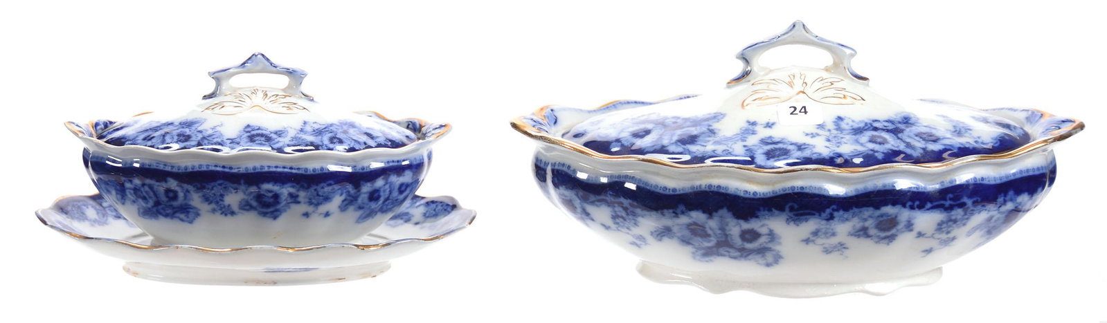 Covered Casserole & Gravy, Marked Royal Doulton: Covered Casserole & Gravy, Marked Royal Doulton Sutherland Pattern; (1) 5.5" x 11.75" Large Casserole; (1) 4.75" x 9" Gravy & Underplate; Nice Gold Trim Highlights; Circa 1900's, Don Dukeman Collectio