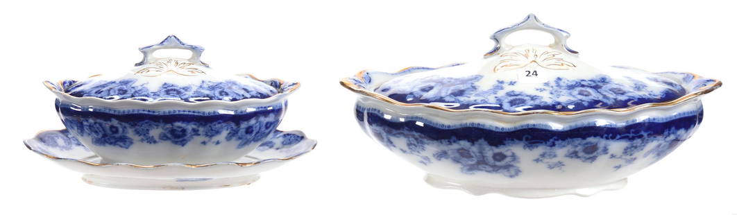 Covered Casserole & Gravy, Marked Royal Doulton: Covered Casserole & Gravy, Marked Royal Doulton Sutherland Pattern; (1) 5.5" x 11.75" Large Casserole; (1) 4.75" x 9" Gravy & Underplate; Nice Gold Trim Highlights; Circa 1900's, Don Dukeman