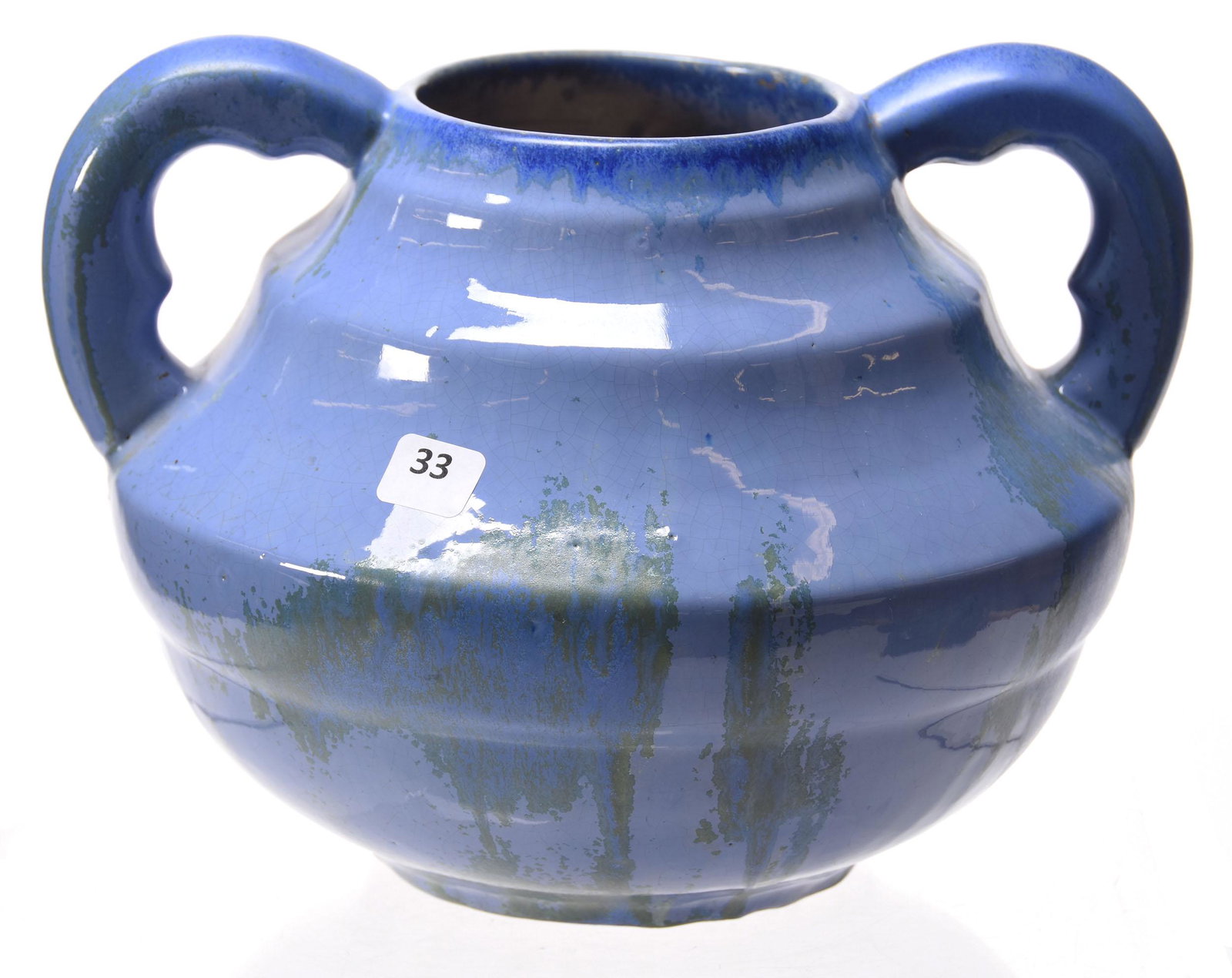Marked Fulper Art Pottery Two-Handled Vase: Marked Fulper Art Pottery Two-Handled Vase, 8" x 11" Blue, Some Green Glaze Finish; Circa 1930's, Margaret and the Late Joseph Karr Sr., Arkansas