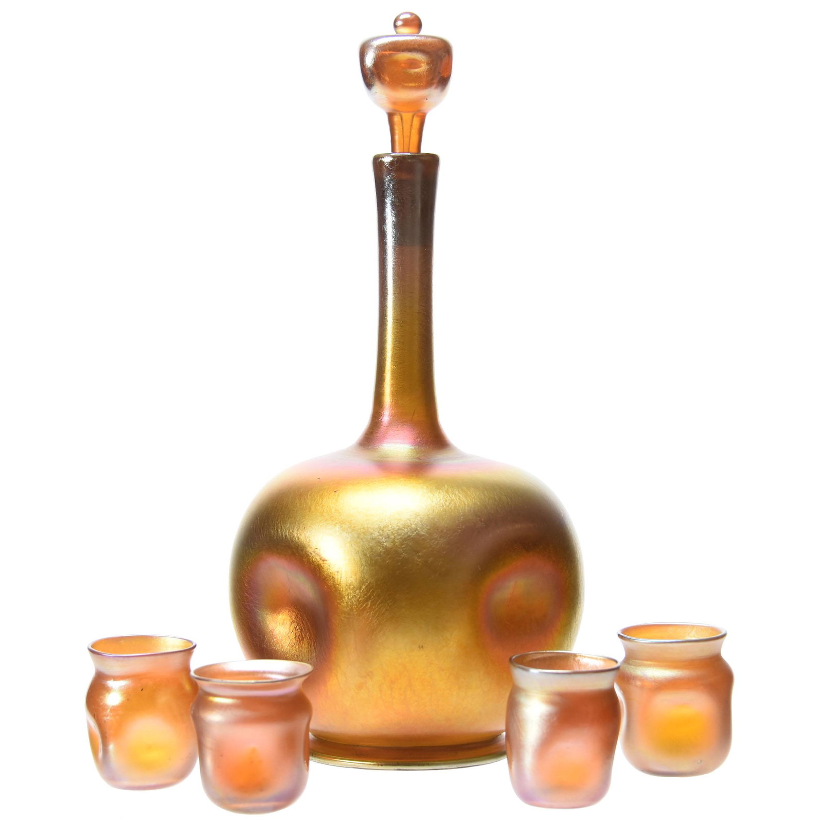 Tiffany Art Glass Decanter Set: Tiffany Art Glass Decanter Set; 10.5" Gold Iridescent Decanter, Matching Stopper Signed L.C.T. (4) Shot Glasses, Nice Color; Circa 1910's, Margaret and the Late Joseph Karr Sr., Arkansas