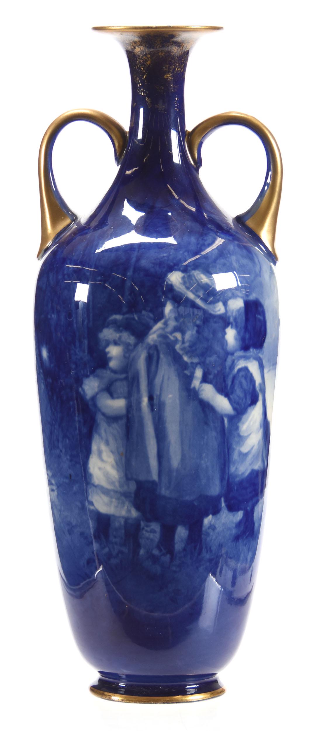 Two-Handled Vase, Marked Royal Doulton, Blue Children: Two-Handled Vase, Marked Royal Doulton, Blue Children; 10.5" x 4" Scene of Three Children in the Woods, Gold Trim; Nice; Circa 1900's, Don Dukeman Collection