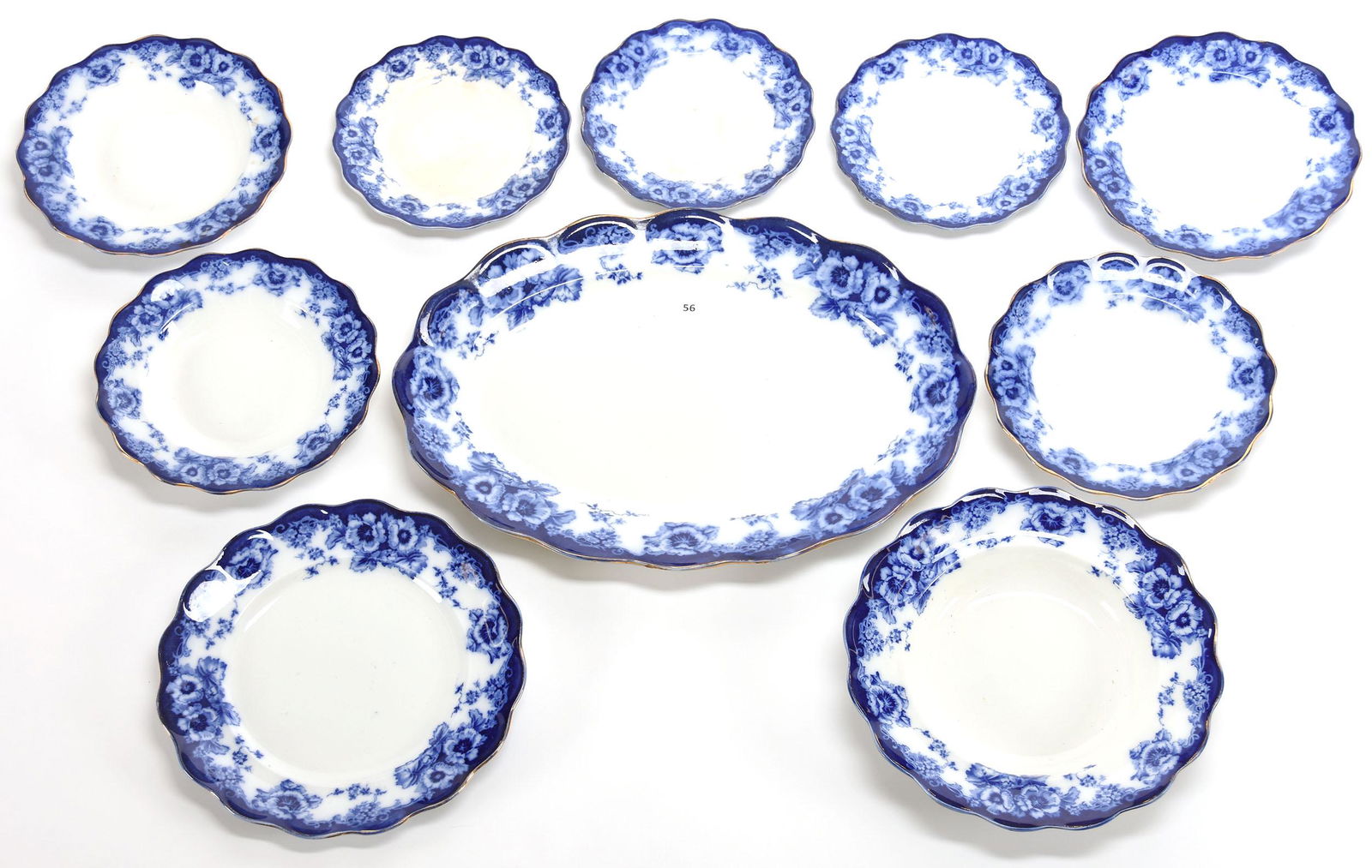(10) Marked Royal Doulton Flow Blue Items: (10) Marked Royal Doulton Flow Blue, Sutherland; (1) 17.5" Oval Tray; (1) 10.5" Soup; (1) 10.5" Dinner; (4) 8.5" Individual Soup; (3) 7.5" Dessert Plates; Circa 1900's, Don Dukeman Collection