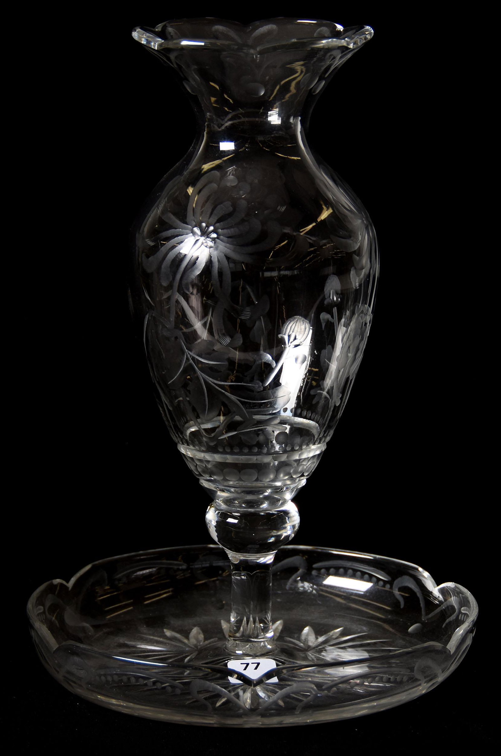 Single Lily Epergne Signed Libbey, ABCG: Single Lily Epergne Signed Libbey, ABCG, 12" x 8.25" Engraved Blossom Motif, Fan & Engraved Cut Attached Base; Circa 1920's, Margaret and the Late Joseph Karr Sr., Arkansas