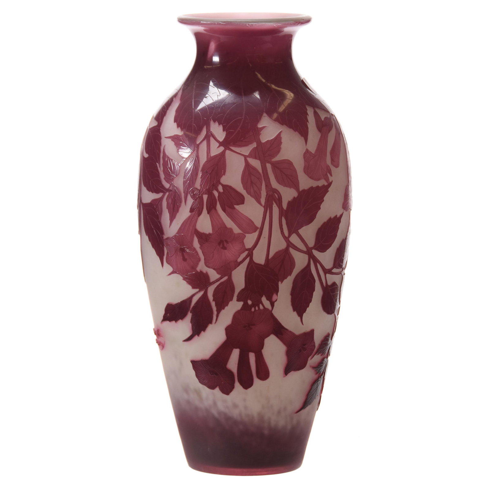 French Cameo Art Glass Vase Signed A. Delatte Nancy: Signed A. Delatte Nancy, French Cameo Art Glass Vase; 15.5" x 7" Frosted White & Lavender Background, Carved Morning Glory Floral Decor, One Leaf, Surface Chip; Circa 1920's, Margaret and the Late Jos