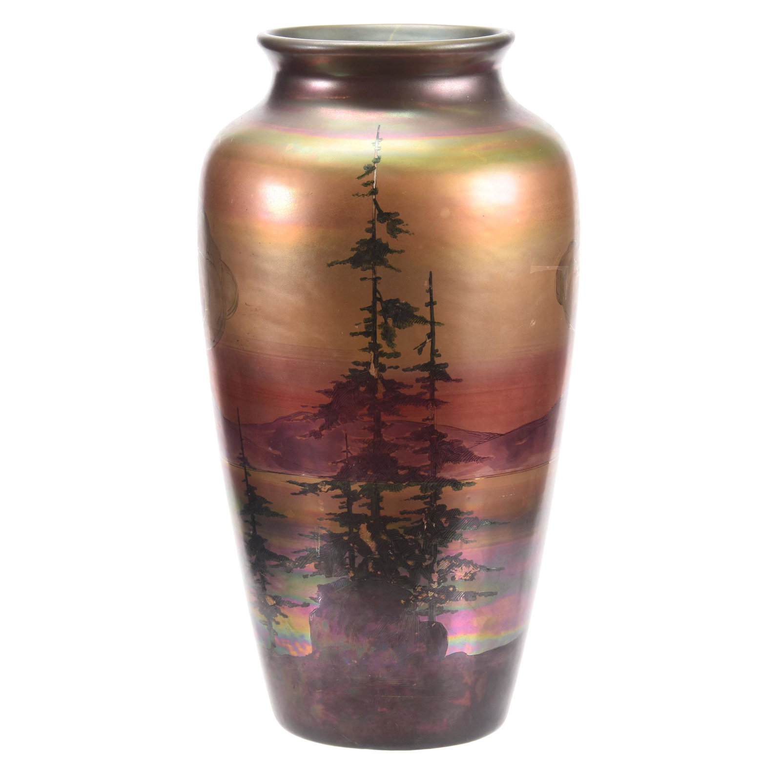 Art Pottery Vase, Unmarked Weller La Sa: Art Pottery Vase, Unmarked Weller La Sa, 13.25" x 7" Wonderful Gold, Red & Green Iridescent Colors Featuring Mountain, Lake & Trees Scenic Decor; Circa 1920's, Don Dukeman Collection