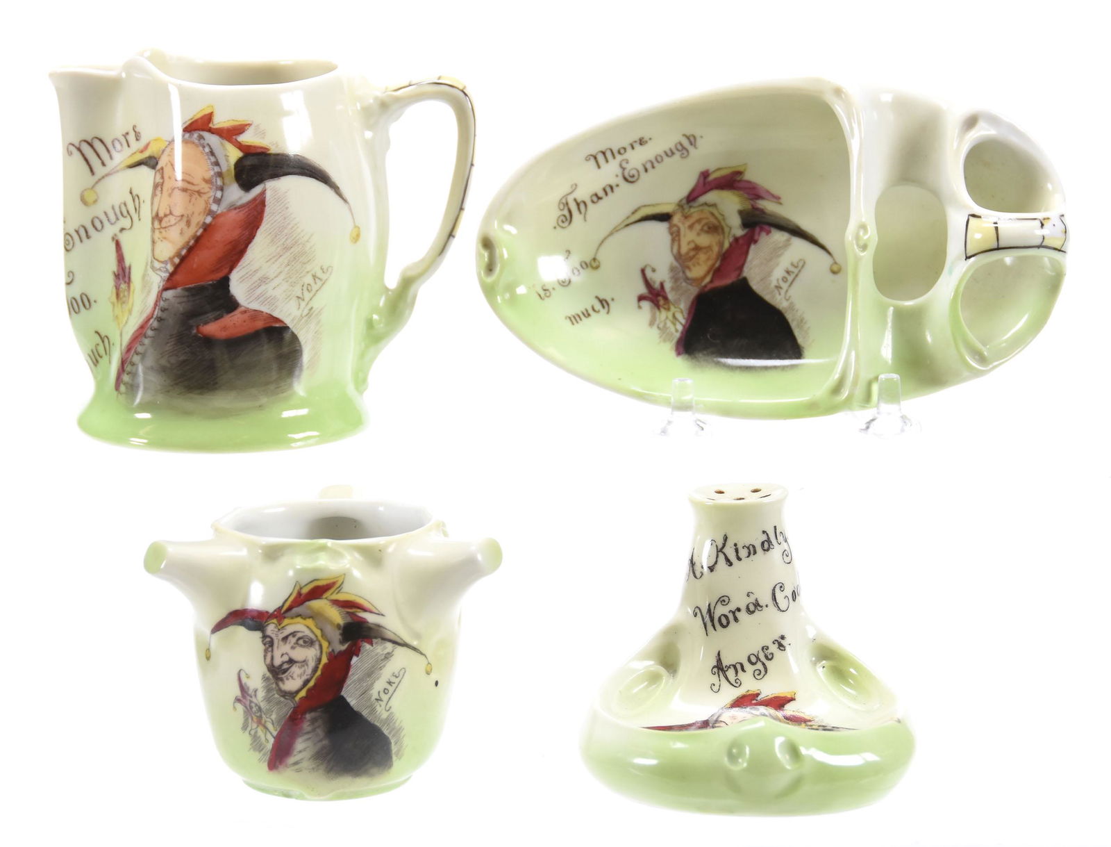 (4) Jester Items, Unmarked Royal Bayreuth: (4) Jester Items, Unmarked Royal Bayreuth; Marked "Noke" Near Caption; (1) 3.75" Creamer; (1) 2.5" Toothpick Holder; (1) 2.5" Stickpin Holder; (1) 5.75" Handled Ashtray (Marked); Circa 1910's, Private