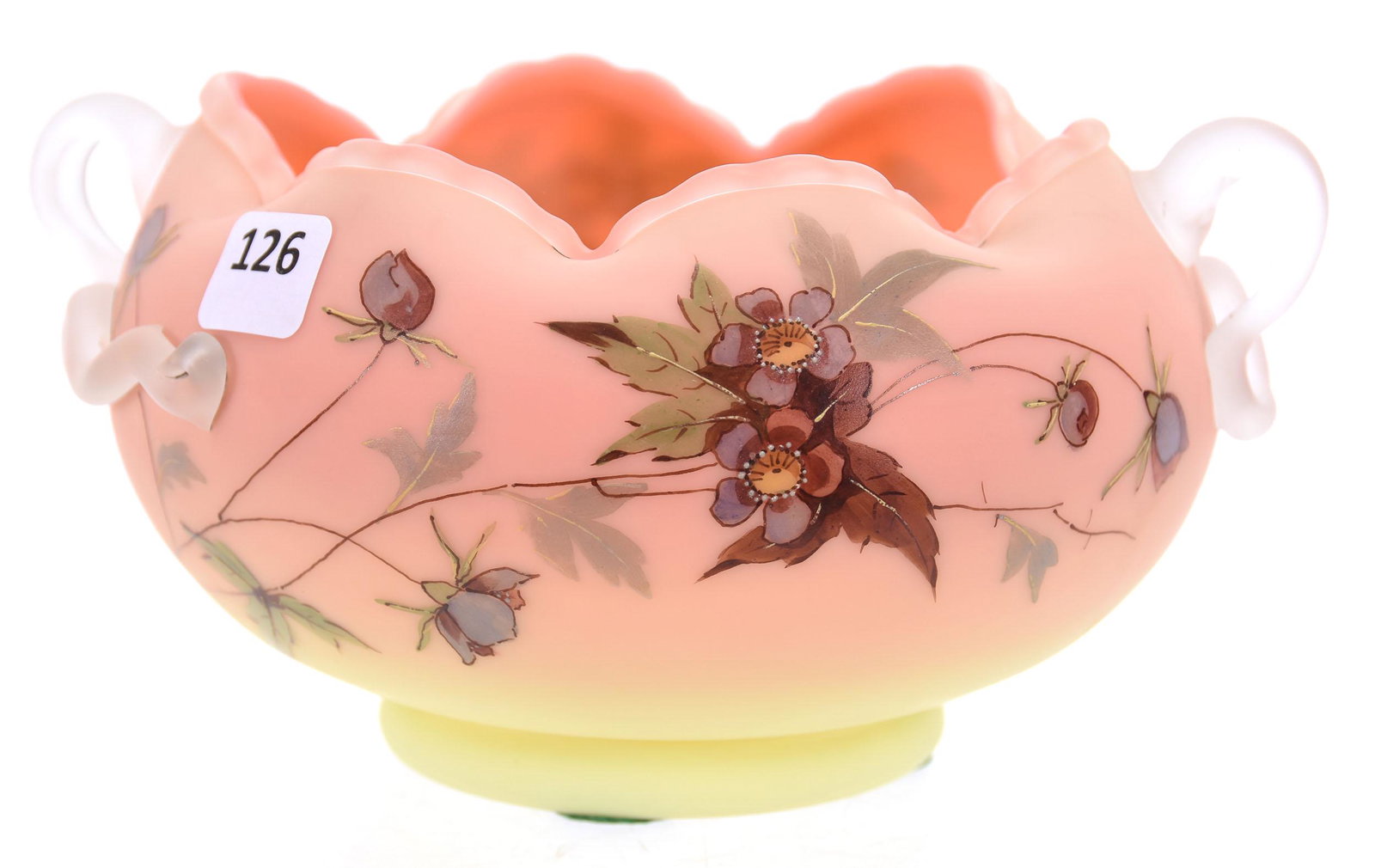 Signed Queens Burmese Bowl by Webb: Signed Queens Burmese Bowl by Webb, 4" x 7.5" Floral Decor, Two Applied Frosted Handles (One Curled Tip Missing); Circa 1890's, Margaret and the Late Joseph Karr Sr., Arkansas