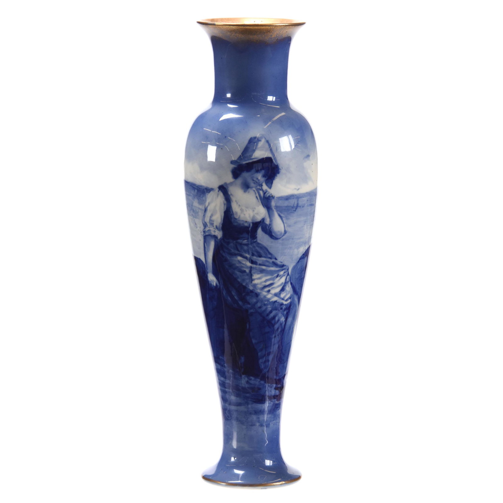 Vase, Marked Royal Doulton, Blue Children: Vase, Marked Royal Doulton, Blue Children, 14" x 4" Scene of Woman Sitting on Sea Shoreline, Nice; Circa 1900's, Don Dukeman Collection
