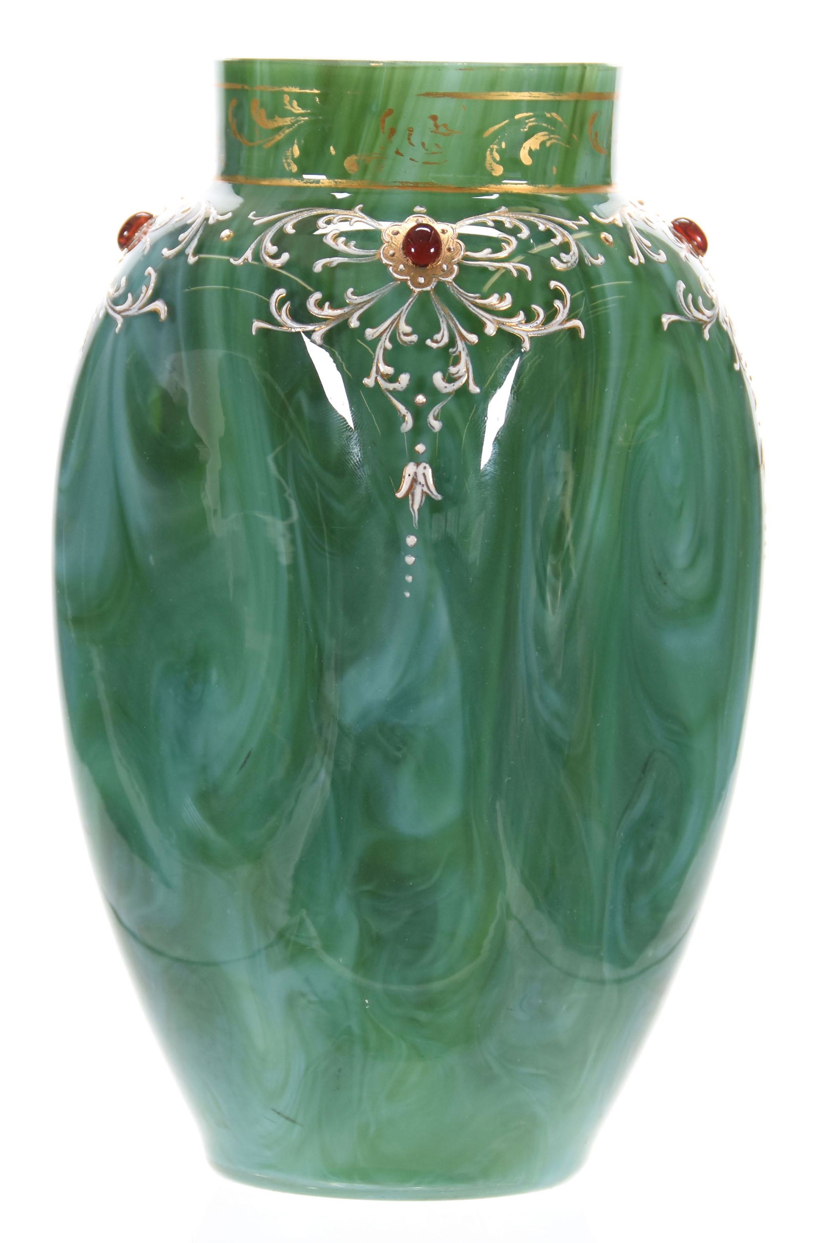 Loetz Malachite Art Glass Vase: Loetz Malachite Art Glass Vase, 7.5" x 4" Green & White Marbleized Cased Glass, White Enamel & Red Applied Jewels; Circa 1893, Margaret and the Late Joseph Karr Sr., Arkansas