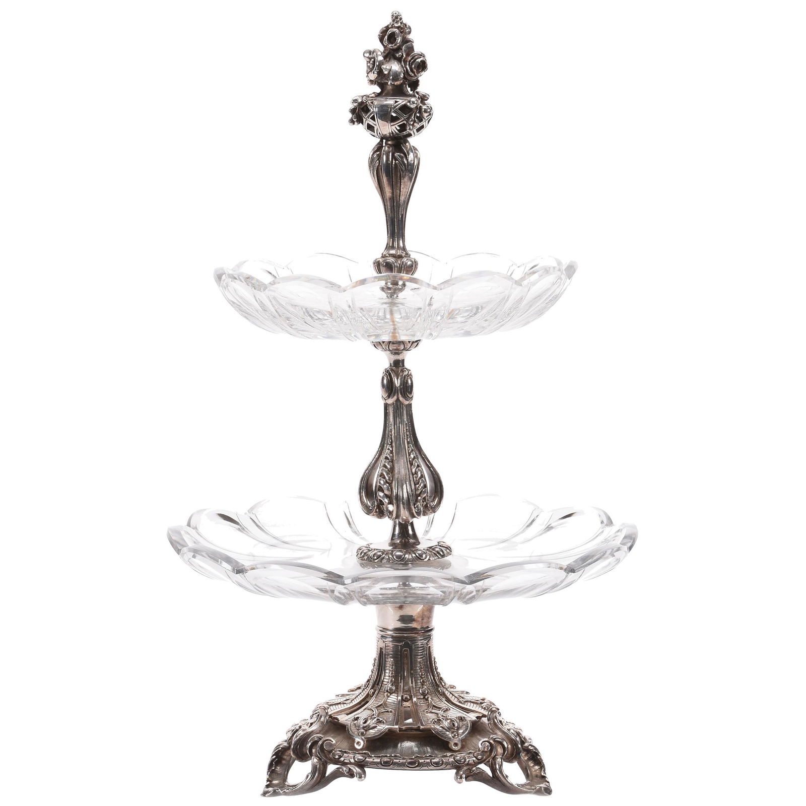French Two-Tier Cake Stand, Marked Christofle: Marked Christofle French Two-Tier Cake Stand, 17.5" x 11" Empire Style, Silverplate Stand, Floral Finial, Fluted Clear Glass Tiered Serving Plates; Circa 19th Century, Wilkes Estate, Oklahoma