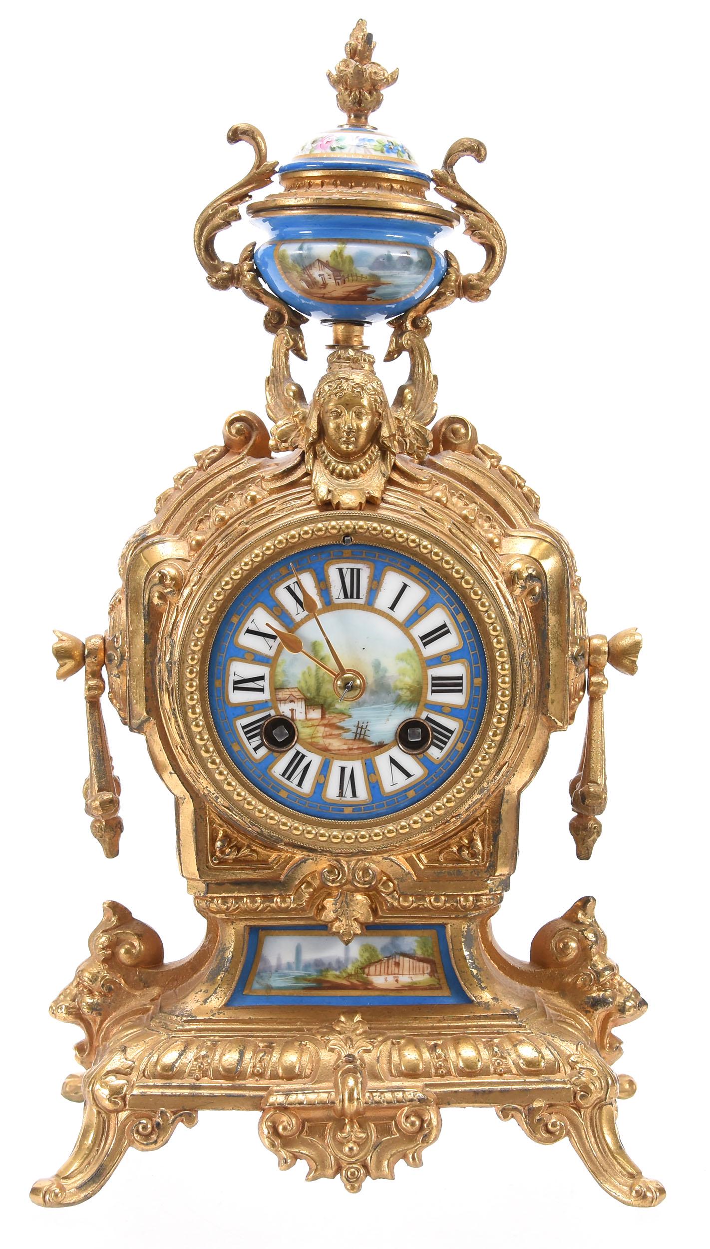 French Ormolu Desk Clock: French Ormolu Desk Clock, 13" x 7" Hand-Painted Scenic Panel Decor Inserts, Blue Trim Highlights, Some Wear on Ormolu; Circa 19th Century, Wilkes Estate, Oklahoma. UPDATED 10-10-19: There is no key.