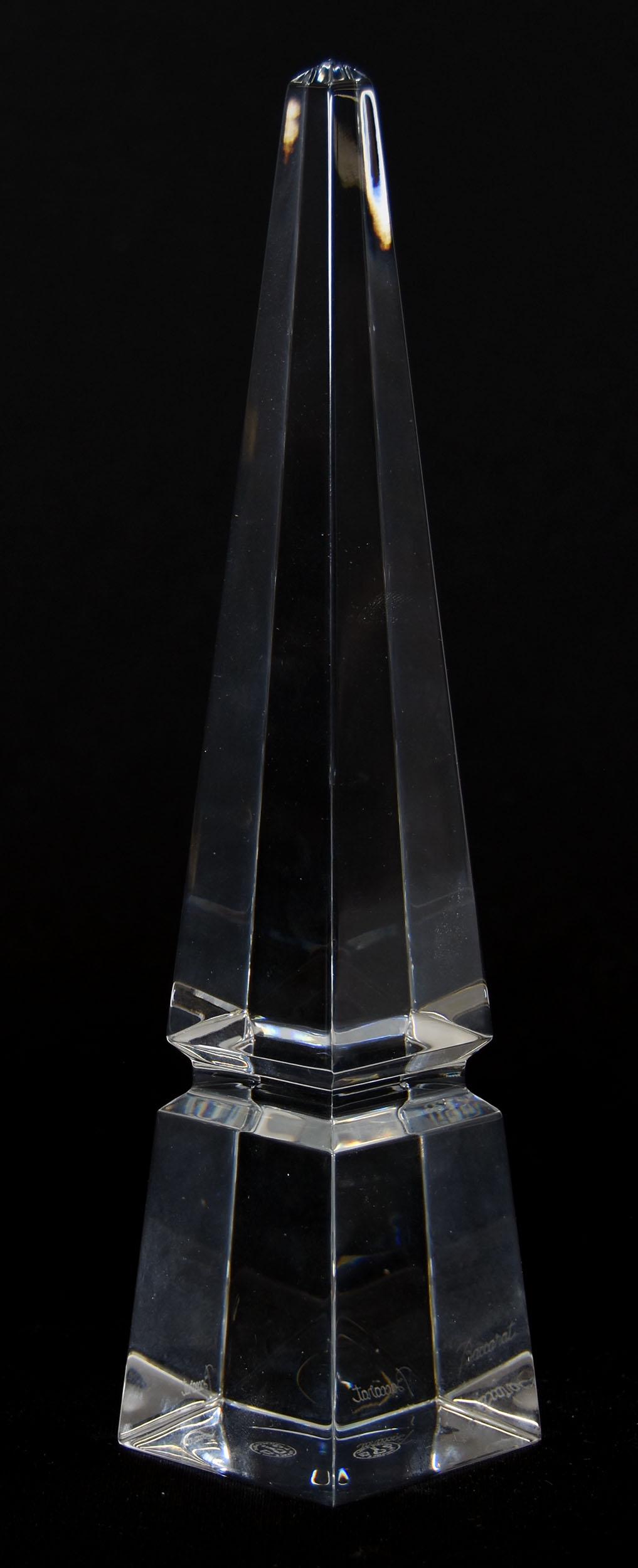 Paper Weight, Signed Baccarat Obelisk: Paper Weight, Signed Baccarat Obelisk, 10" Clear Blank, Four-Sided, Stamp Mark & Script Mark; 20th Century, Margaret and the Late Joseph Karr Sr., Arkansas