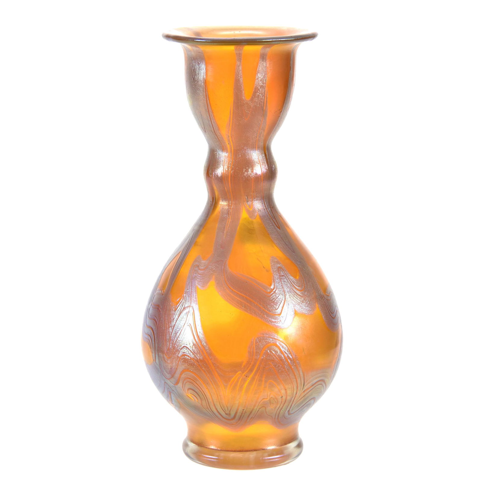 Art Glass Vase, Signed Loetz Austria: Signed Loetz Austria, Art Glass Vase, 8.25" Candia Background, Phaenomen Design Exactly as Featured Under Genres #7773, PN II, 186; Circa 1900, Margaret and the Late Joseph Karr Sr., Arkansas