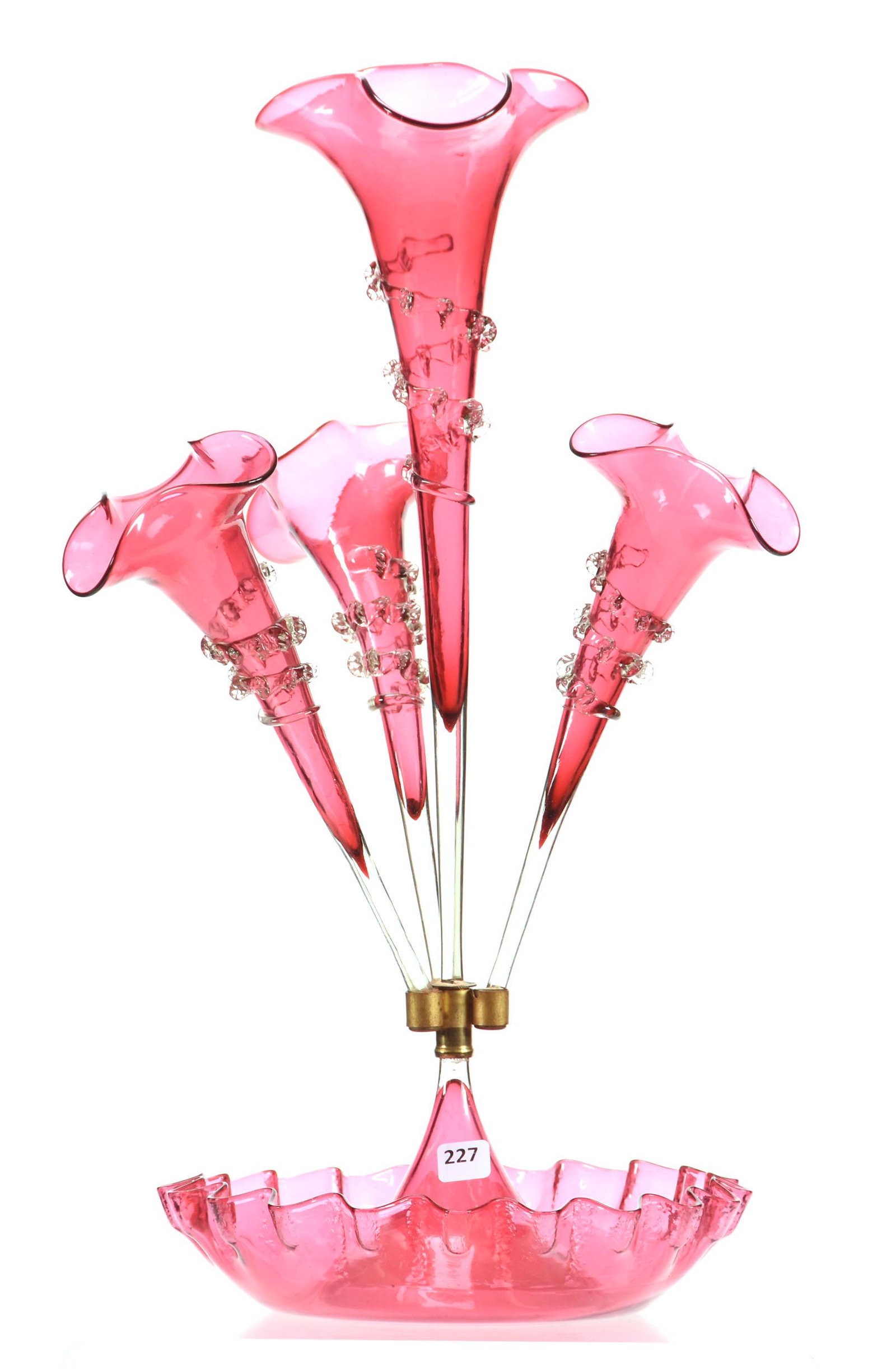 Art Glass Epergne, Cranberry, Applied Rigaree: Art Glass Epergne, Cranberry, Applied Rigaree, 20.5" Tall, Four Lilies, Ruffled Bowl; Circa 1900's, Private Collection