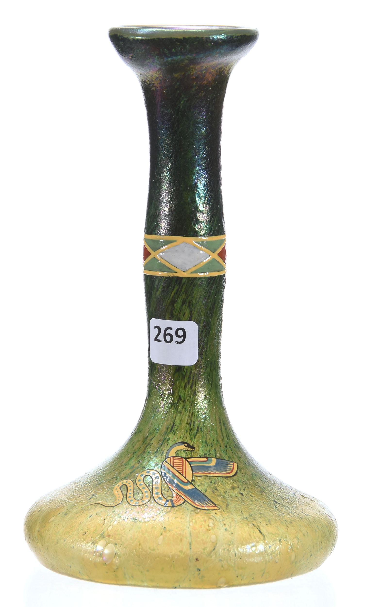 Loetz (Style) Art Glass Vase, Enamel Snake Decor: Loetz (Style) Art Glass Vase, Enamel Snake Decor, 8.25" Iridescent Green, Colorful Enamel, It Is Signed Loetz Austria (Unable to Confirm); Circa 1920's, Margaret and the Late Joseph Karr Sr., Arkansas