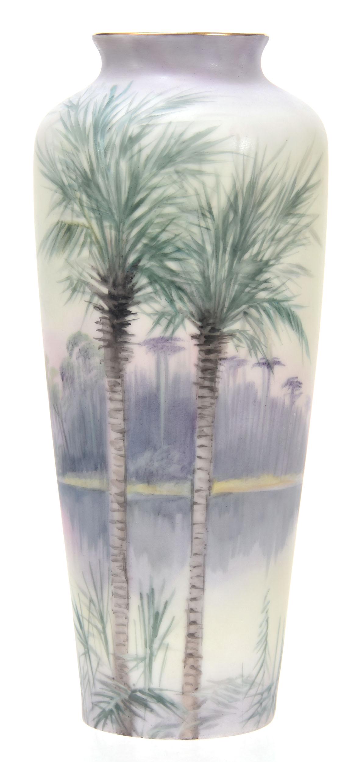 Marked Pickard Vellum Vase: Marked Pickard Vellum Vase, 9" x 3.75" Palm Tree Along Shore Scenic Decor, Artist Signed E. Challinor; Circa 1910's, Margaret and the Late Joseph Karr Sr., Arkansas