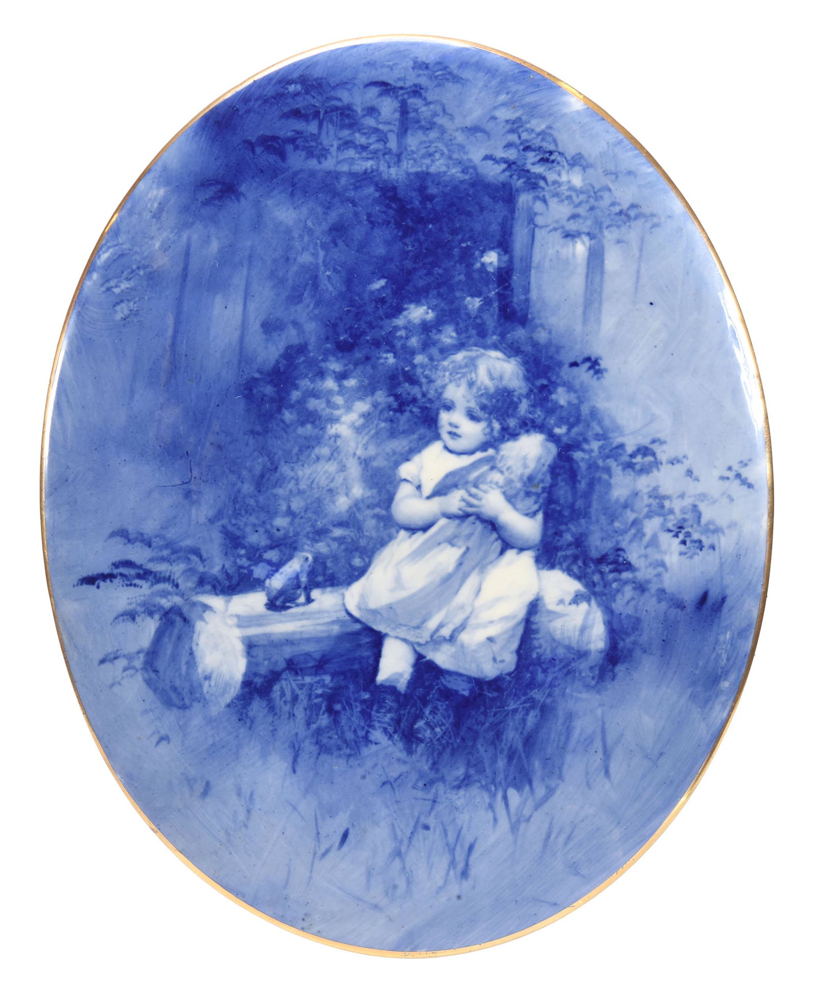 Wall Plaque, Unmarked Royal Bayreuth, Blue Children: Wall Plaque, Unmarked Royal Bayreuth, Blue Children, 9.5" x 7.5" Scene of Girl Sitting on Log Holding Doll; Circa 1900's, Don Dukeman Collection