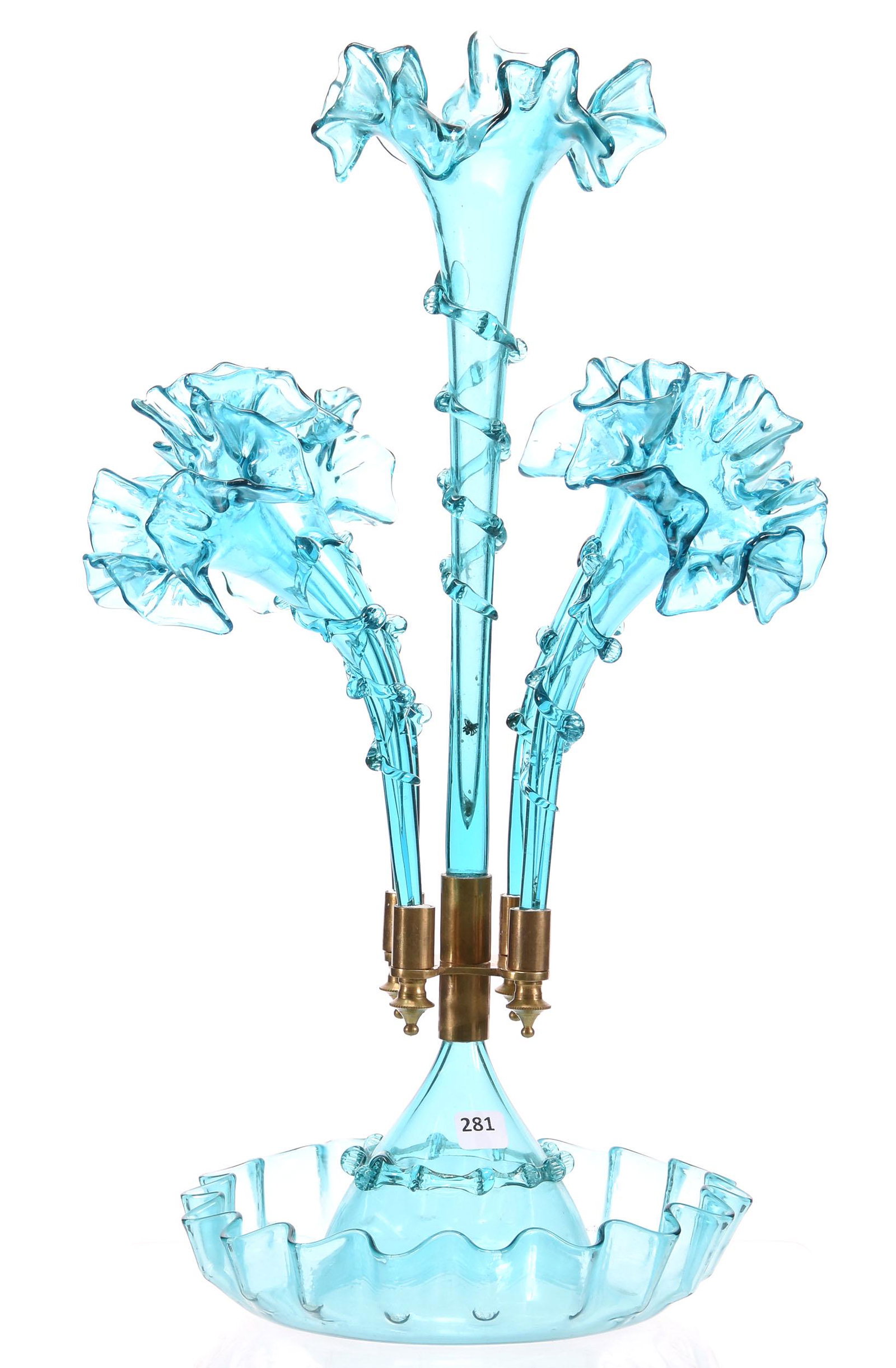 Art Glass Epergne, Blue, Applied Rigaree: Art Glass Epergne, Blue, Applied Rigaree, 20.5" Tall, Five Lilies, Ruffled Bowl; Unknown Age, Private Collection