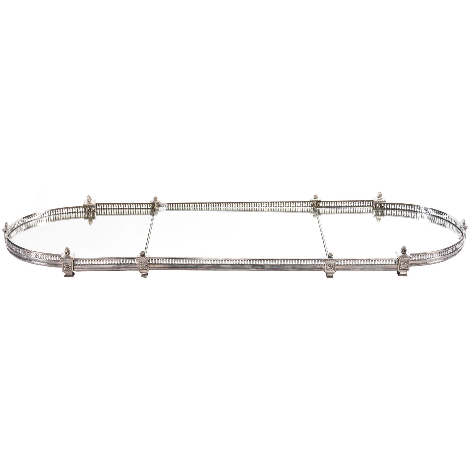 French Christofle Silverplate Mirrored Plateau: French Christofle Silverplate Mirrored Plateau, 3 Sections Measuring 52.5" in Length by 18.5" in Width, Gated Edge, Balusters and Pineapple Finials, Each Piece Marked Christofle and Numbered; Circa 19