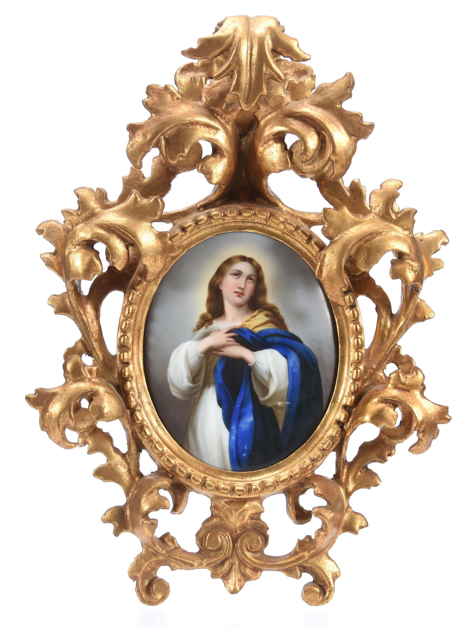 Unmarked KPM Porcelain Oval Plaque: Unmarked KPM Porcelain Oval Plaque, 5.5" Portrait of Christ as Youth, Mounted in Elaborate Gilt Wooden Frame Measures 12.5" x 9.5" Frame, One Break Repair, One Chip on Backside of Plaque; Circa 1900,