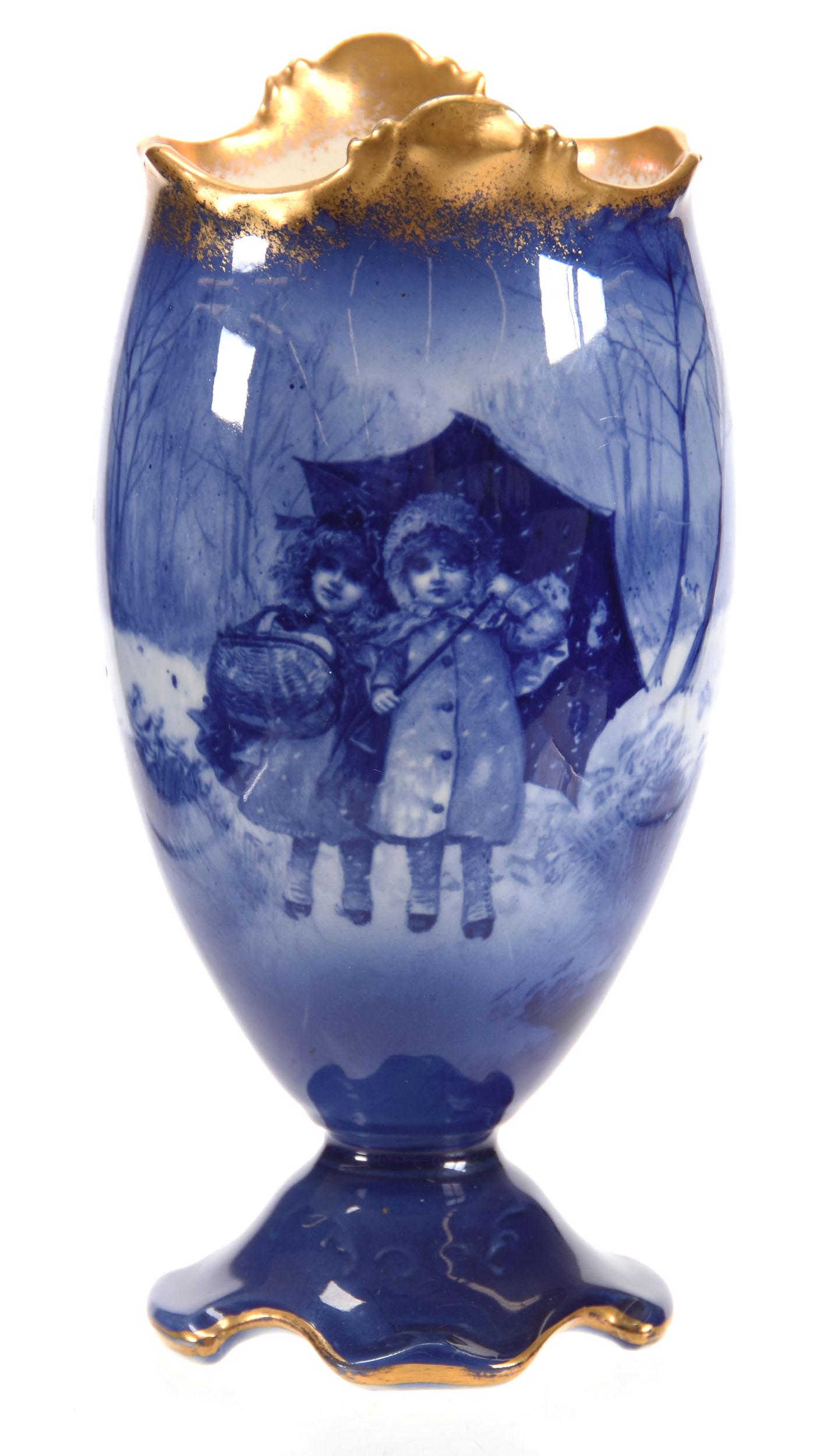 Pedestal Vase, Marked Royal Doulton, Blue Children: Pedestal Vase, Marked Royal Doulton, Blue Children, 6.5" Scene of Two Girls Holding Umbrella & Basket, Nice Gold Trim; Circa 1900's, Don Dukeman Collection