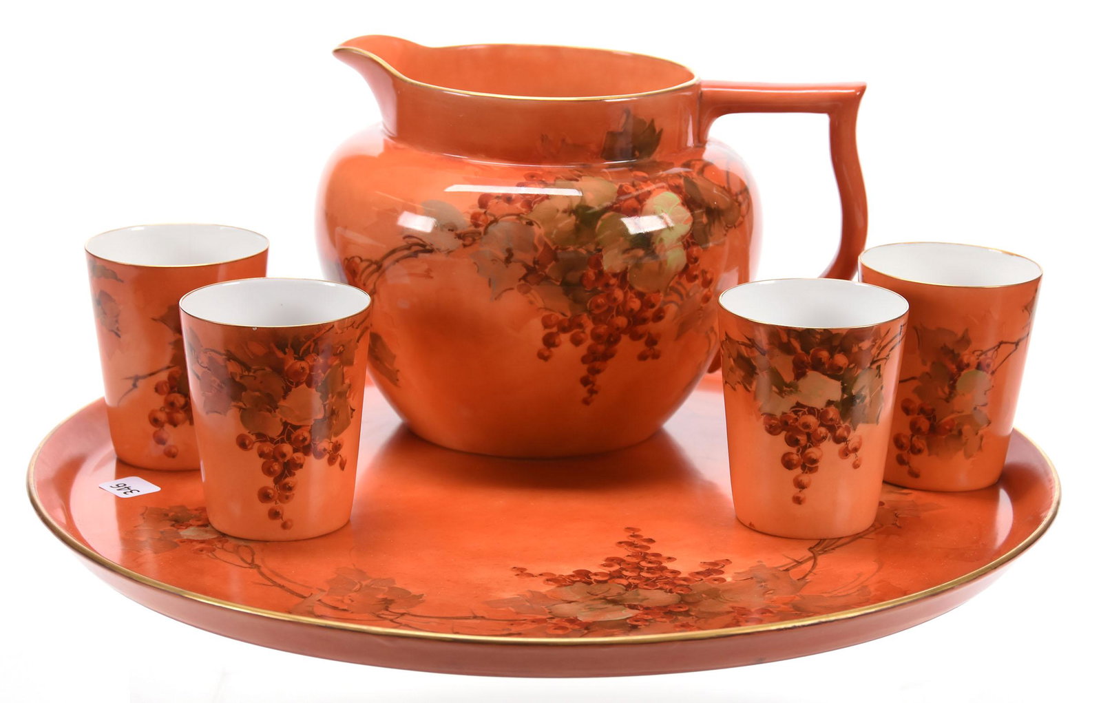 Marked Lenox Belleek Hand-Painted Lemonade Set: Marked Lenox Belleek Hand-Painted Lemonade Set; 6" Pitcher, (4) 3.5" Tumblers; 16" Diameter Round Serving Tray, Orange, Currants on Branch Decor; Circa 1900, Margaret and the Late Joseph Karr Sr., Ark