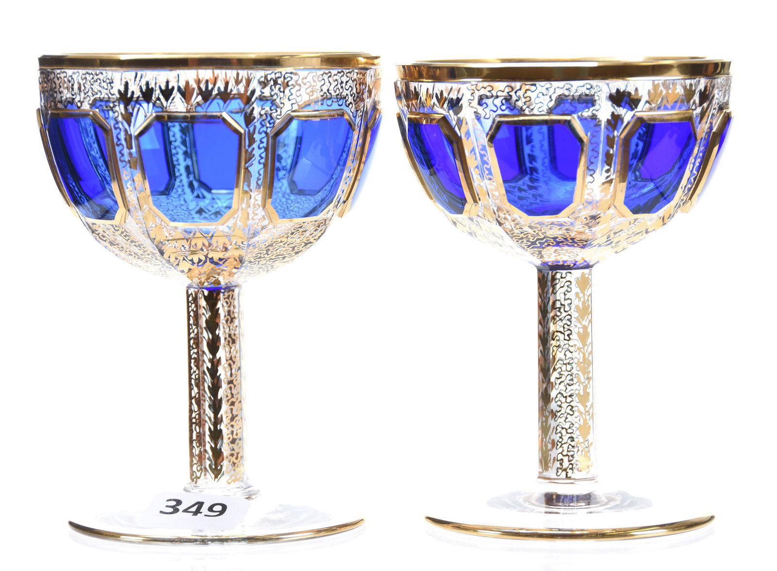 Pair Moser Cabochon Wine Glasses: Pair Moser Cabochon Wine Glasses, 4.25" Blue Panels, Gold Stencil Trim & Highlights; Circa 1910's, Margaret and the Late Joseph Karr Sr., Arkansas