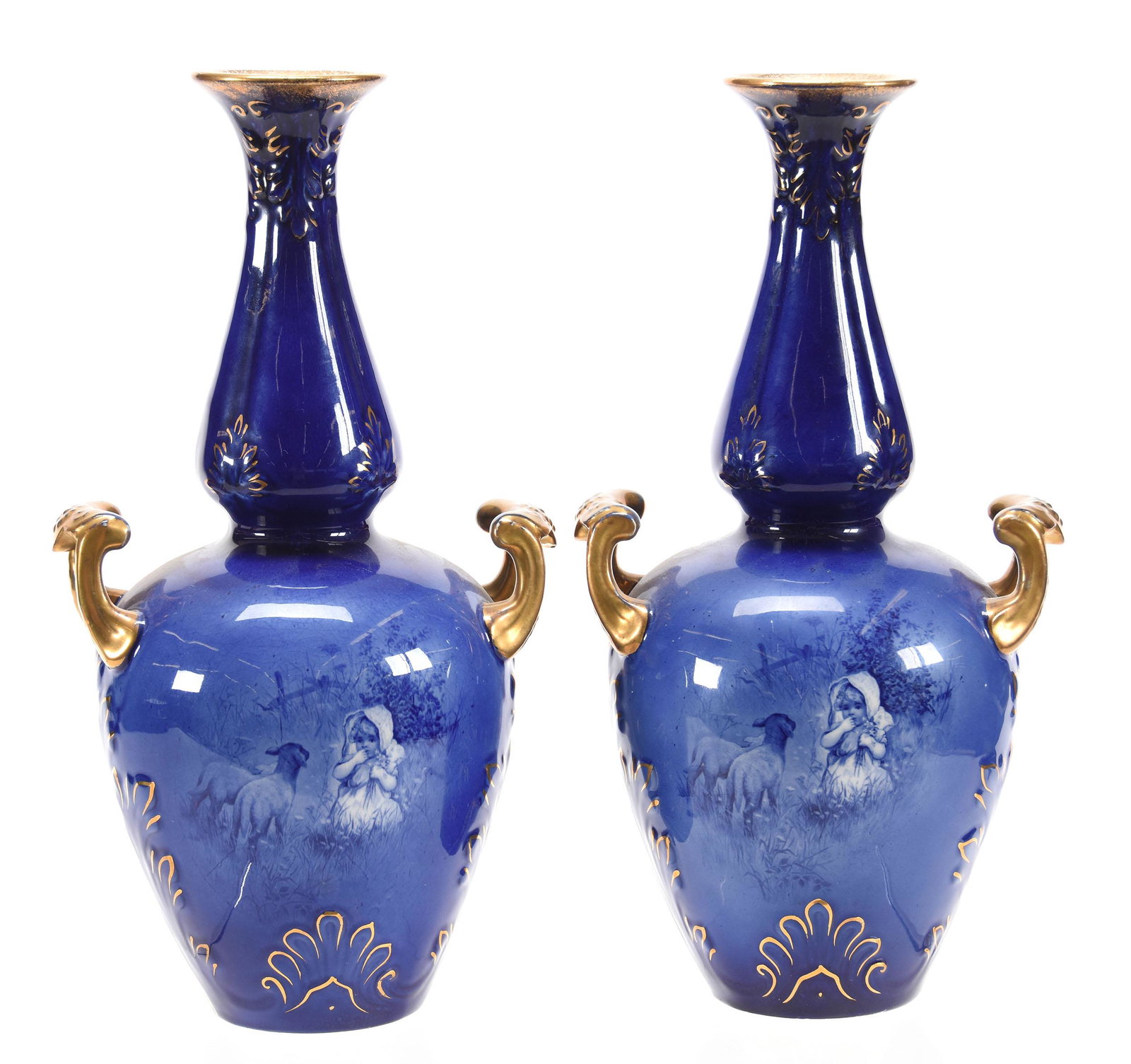 Pair Vases, Marked S.F. & Co England, Flow Blue: Pair Vases, Marked S.F. & Co England, Flow Blue, 12" Two Handled, Scene of Child & Lamb, Gold Trim Highlights, Nice; Circa 1900's, Don Dukeman Collection