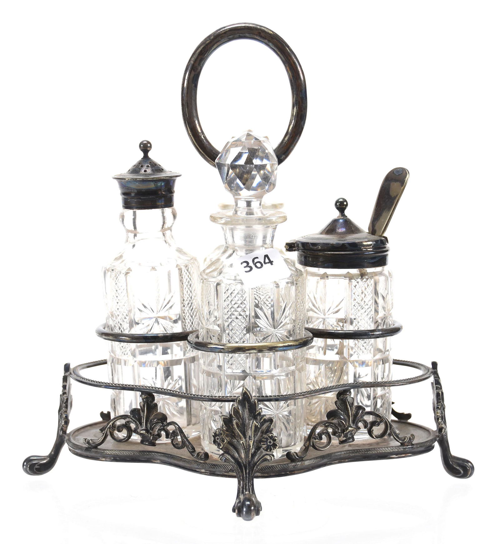 Condiment Set, Clear Cut Bottle Inserts: Condiment Set, Clear Cut Bottle Inserts, Silverplate Frame; (4) 8" Clear Bottle Inserts, Star, File & Panel Motif; Unmarked English Silverplate Frame; Circa 1890's, Don Dukeman Collection