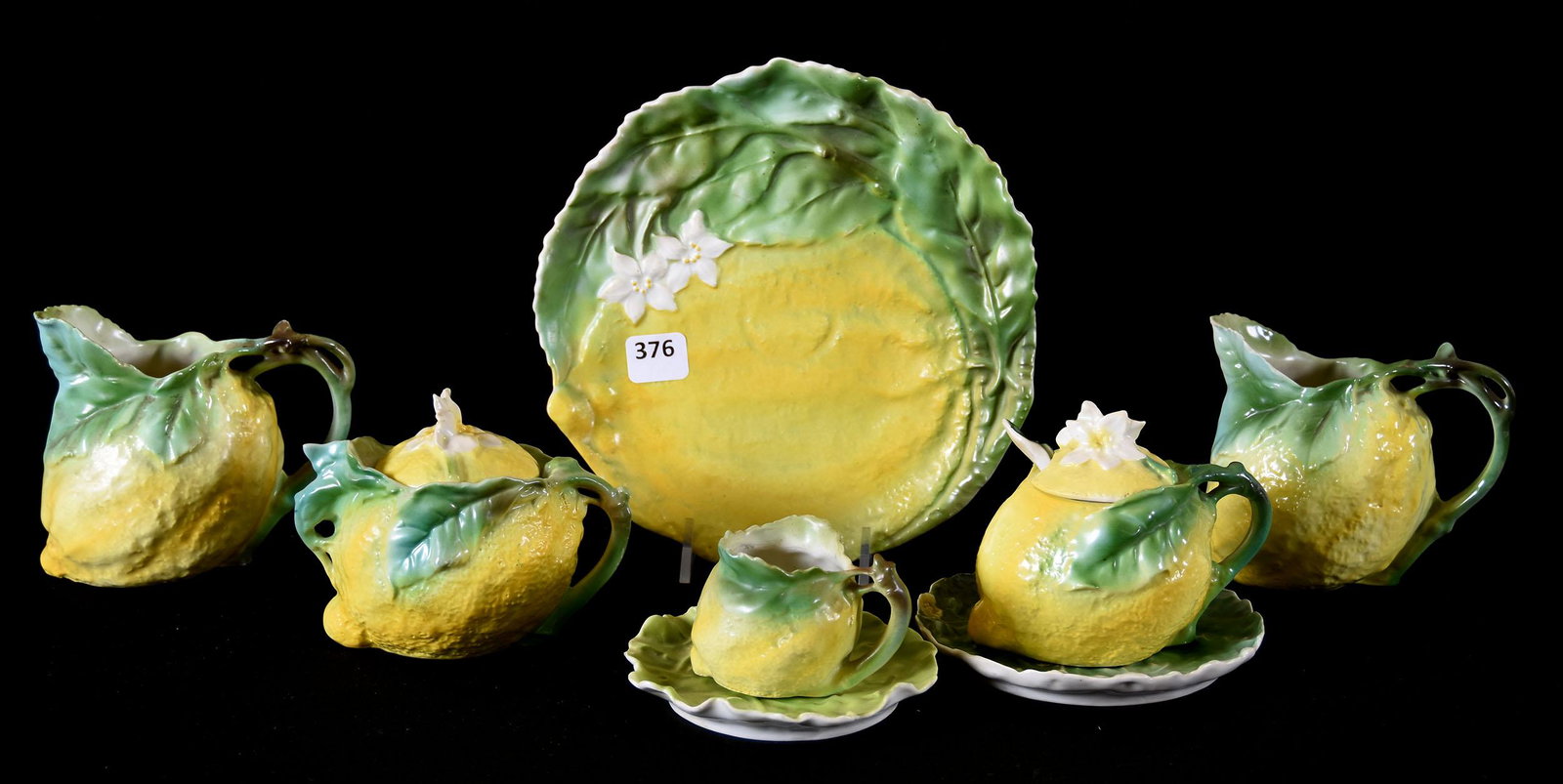 (8) Figural Lemon Items Marked Royal Bayreuth: (8) Figural Lemon Items Marked Royal Bayreuth; (1) 7.5" Plate; (1) Mustard Jar & Underplate; (1) Demitasse Cup (Unmarked) & Saucer; (2) Creamers; (1) Sugar; Circa 1900's, Don Dukeman Collection