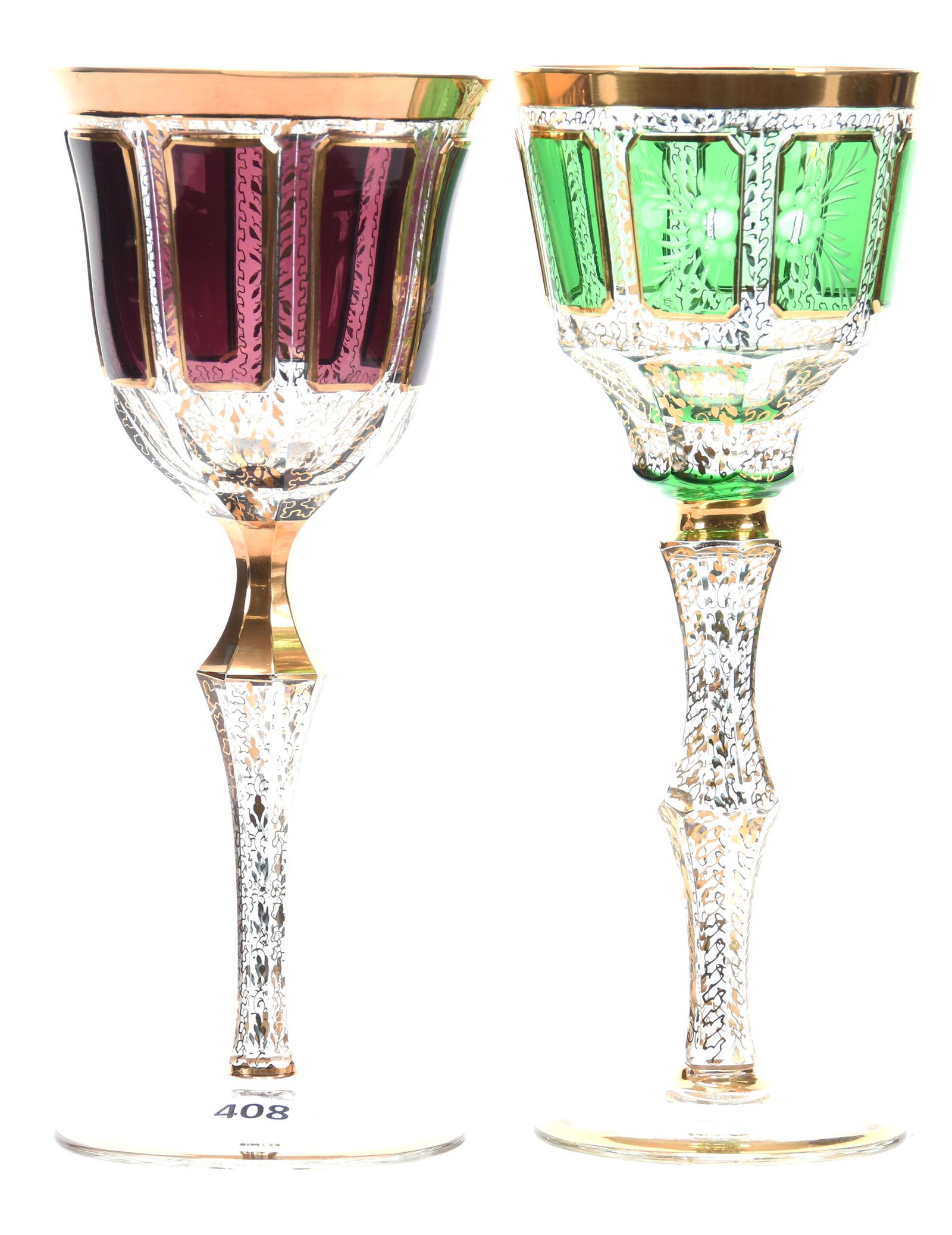 (2) Moser Cabochon Wine Glasses: (2) Moser Cabochon Wine Glasses, Gold Trim & Stencil Highlights, 8.25" (1) Amethyst Panels; (1) Green Panels, Engraved Floral Highlight; Circa 1910's, Margaret and the Late Joseph Karr Sr., Arkansas