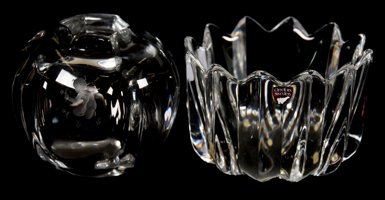 (2) Signed Orrefors, Swedish Art Glass Bowls: (2) Signed Orrefors, Swedish Art Glass Bowls; (1) 4" Rose Bowl, Engraved Child Picking Flowers Decor; (1) 4.75" Diameter, Saw Tooth Edge; 20th Century, Margaret and the Late Joseph Karr Sr., Arkansas