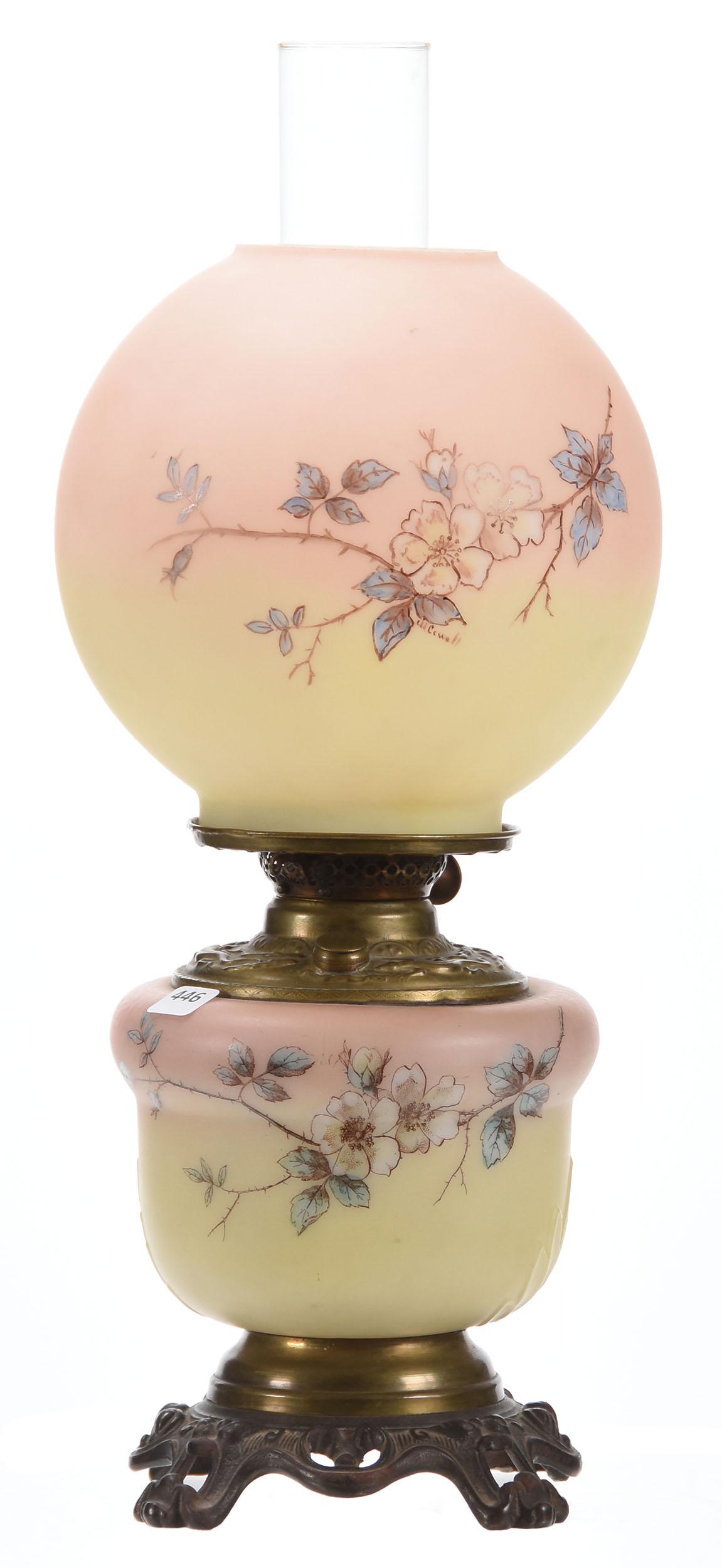 Kerosene Gone with the Wind Table Lamp, Burmese: Kerosene Gone with the Wind Table Lamp, Burmese, 16.5" Floral Blossom & Branch Decor, Original Font, Nice Size; Circa 1890's, Margaret and the Late Joseph Karr Sr., Arkansas