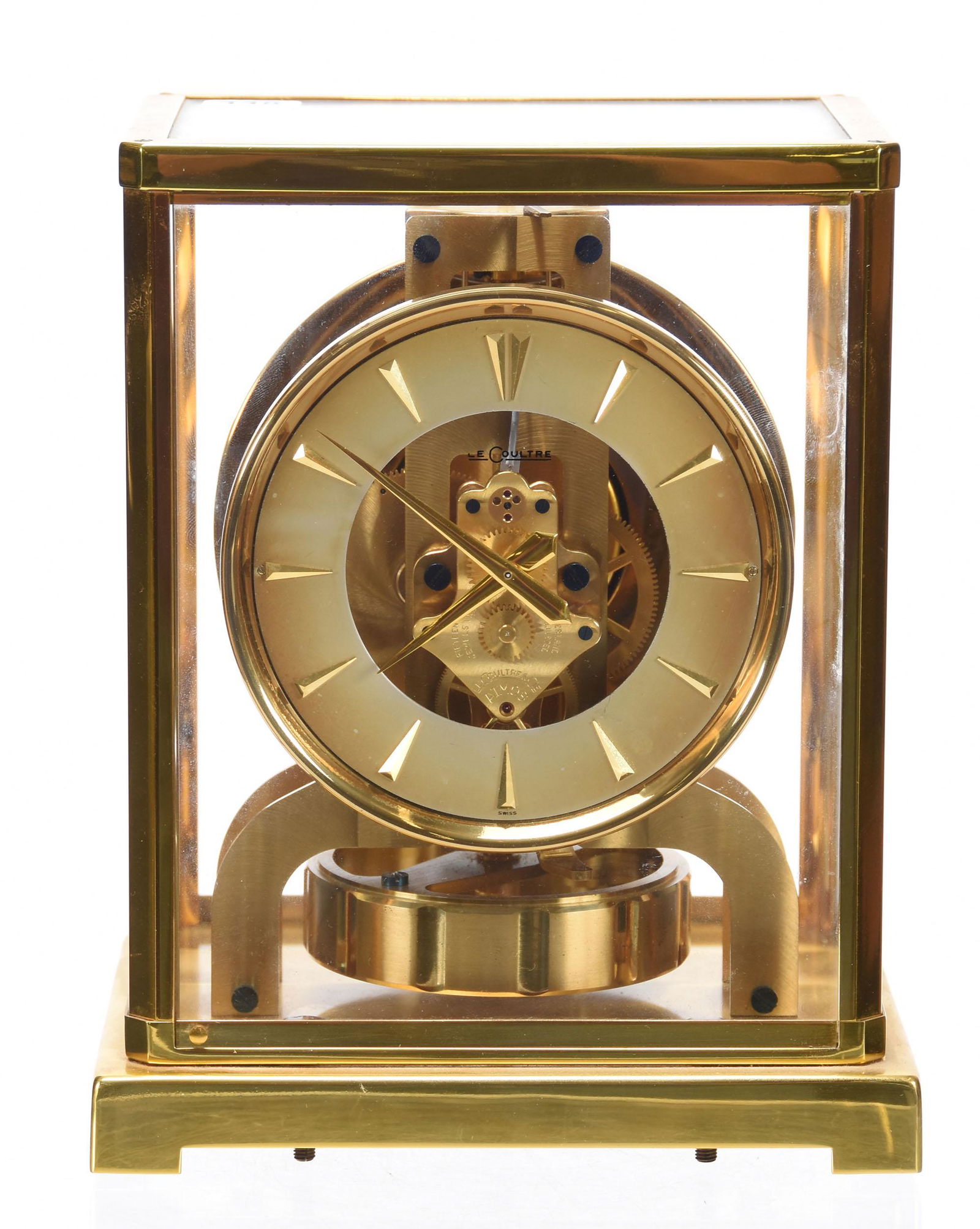 Le Coultre "Atmos" Perpetual Motion Clock, Model 526: Le Coultre "Atmos" Perpetual Motion Clock, Model 526; 8.75" x 6.5" Serial #90062, Original Carrying Case; Circa 1950's, Margaret and the Late Joseph Karr Sr., Arkansas; UPDATED 10/3, Size Added