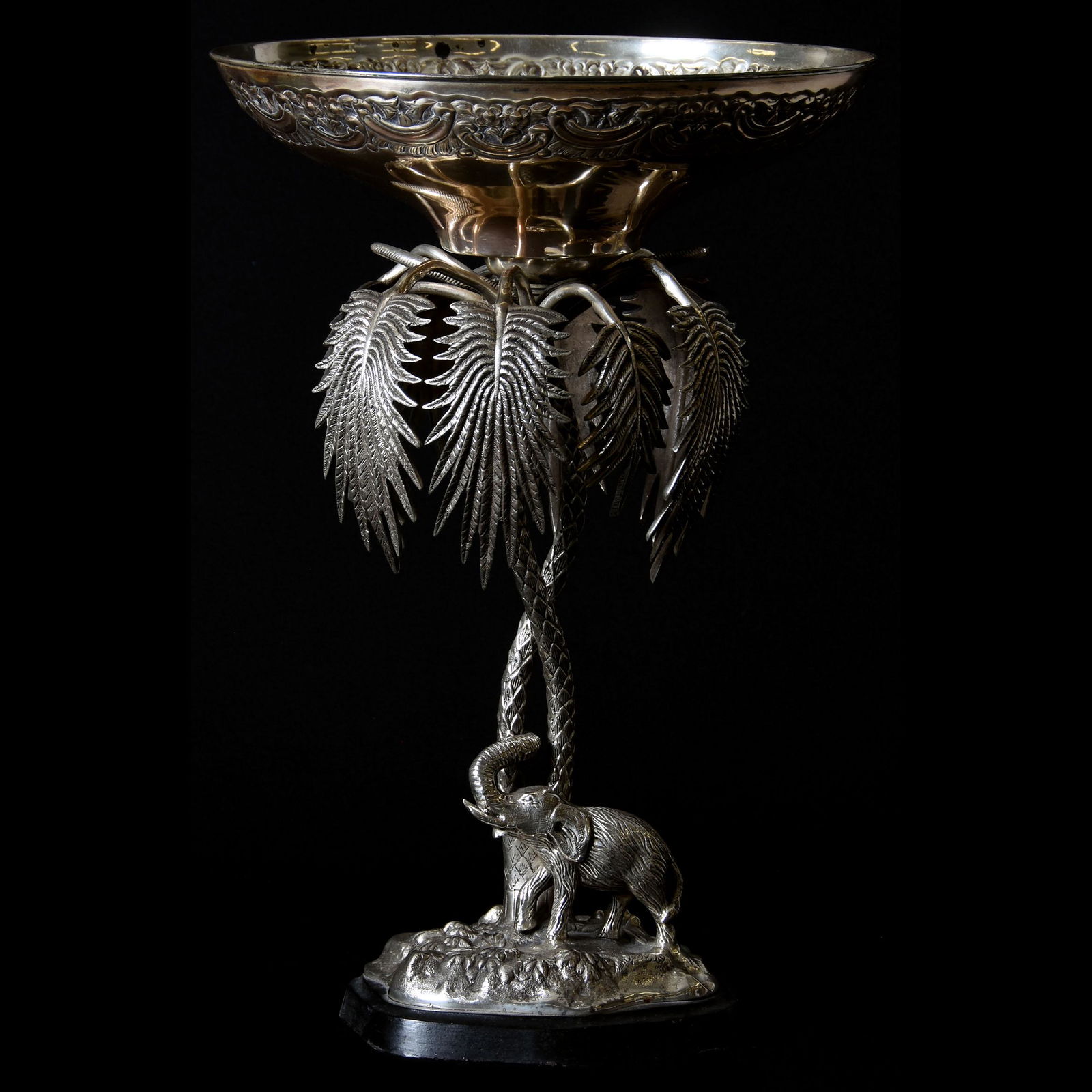 Silverplate Figural Center Bowl, Elephant & Palm Tree: Silverplate Figural Center Bowl Elephant & Palm Tree, 19.5" x 13" Mounted on Ebony Base, Nice Detail; Circa 1960's, Margaret and the Late Joseph Karr Sr., Arkansas