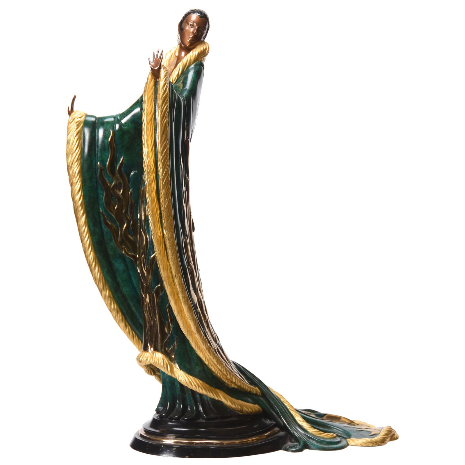 Original Erte Bronze, Titled "Femme De Luxe": Original Erte Bronze, Titled "Femme De Luxe" 18" Romain Erte, Bronze Sculpture, Woman in Art Deco Style Emerald Green Robe, Flaming Gilded Trim, Based on A Gouache Created by Erte in 1916 for Harper's