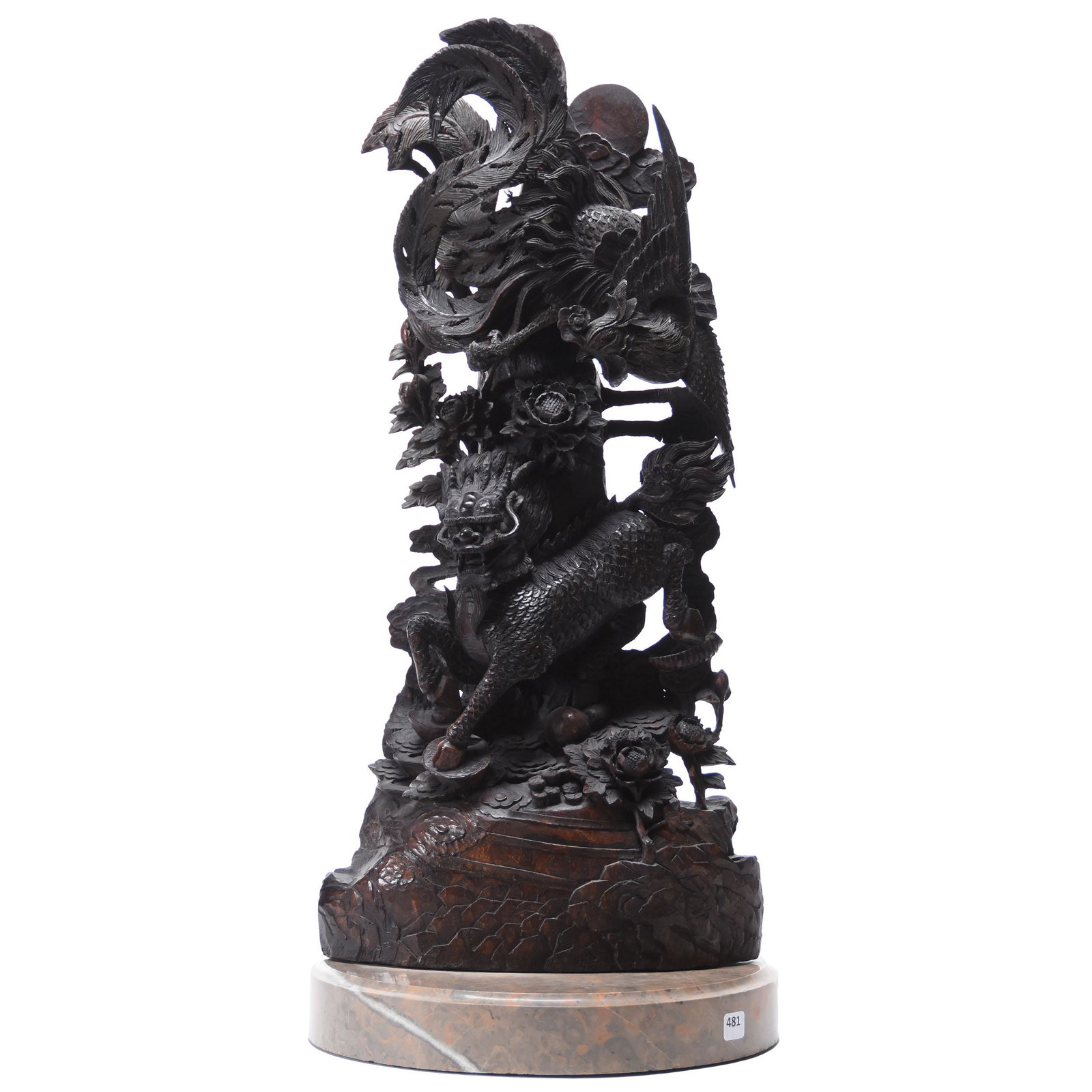 Elaborate Early Chinese Wood Carving: Elaborate Early Chinese Wood Carving, 25" x 12" Fantastic Detail of Mythical Foo Dog & Chinese Pheasant, Mounted on Large Brown, Gray Round Marble Base; Circa 1900, Margaret and the Late Joseph Karr S