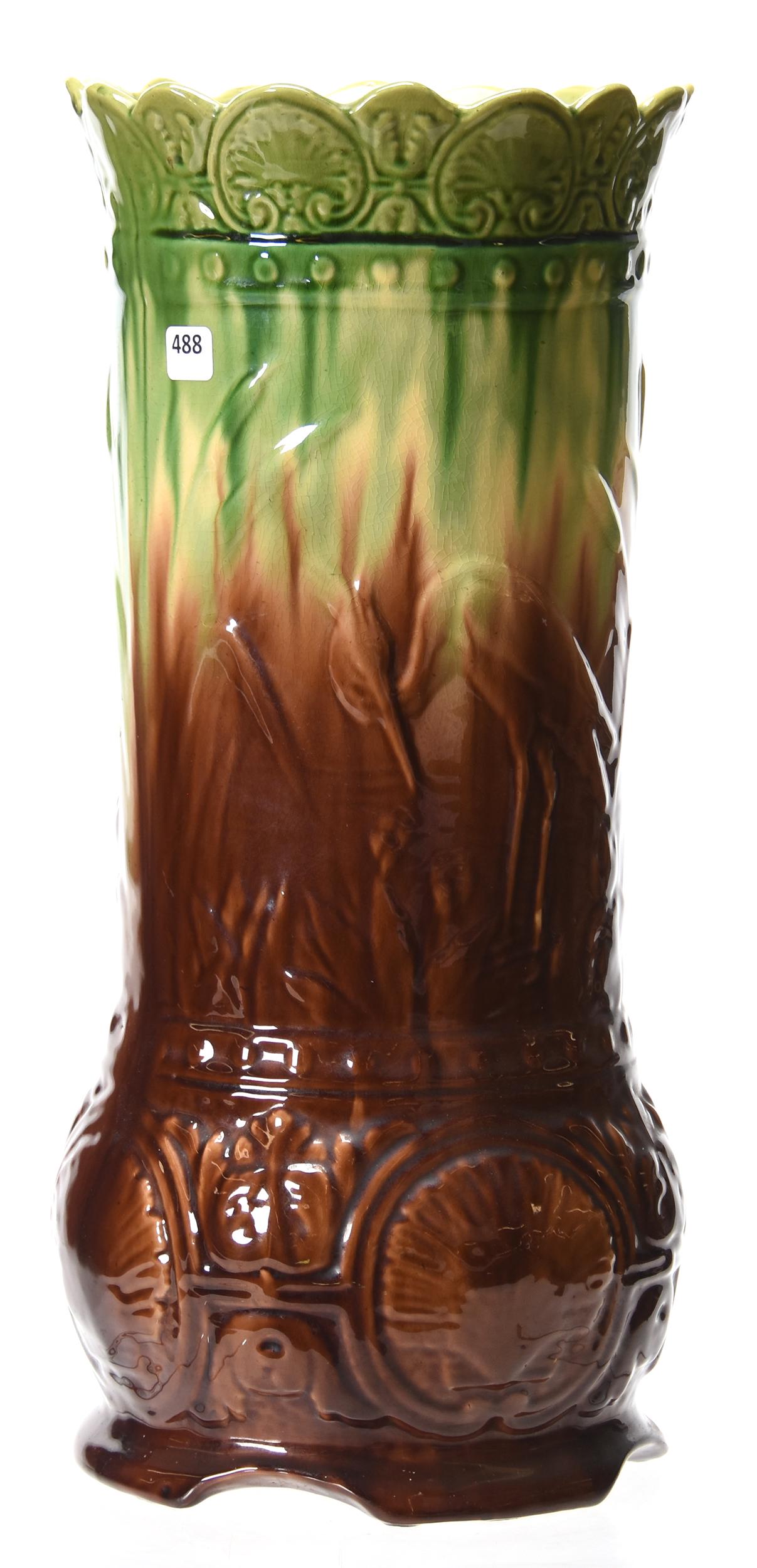 Majolica Pottery Umbrella Stand: Majolica Pottery Umbrella Stand, 18.75" x 8.5" Brown, Yellow & Green Glaze, Embossed Stork & Rushes Design; Circa 1890's, Margaret and the Late Joseph Karr Sr., Arkansas