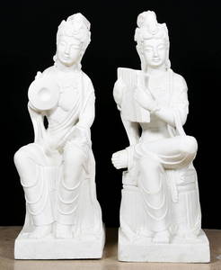 Pair Early Chinese Carved Marble Garden Statues