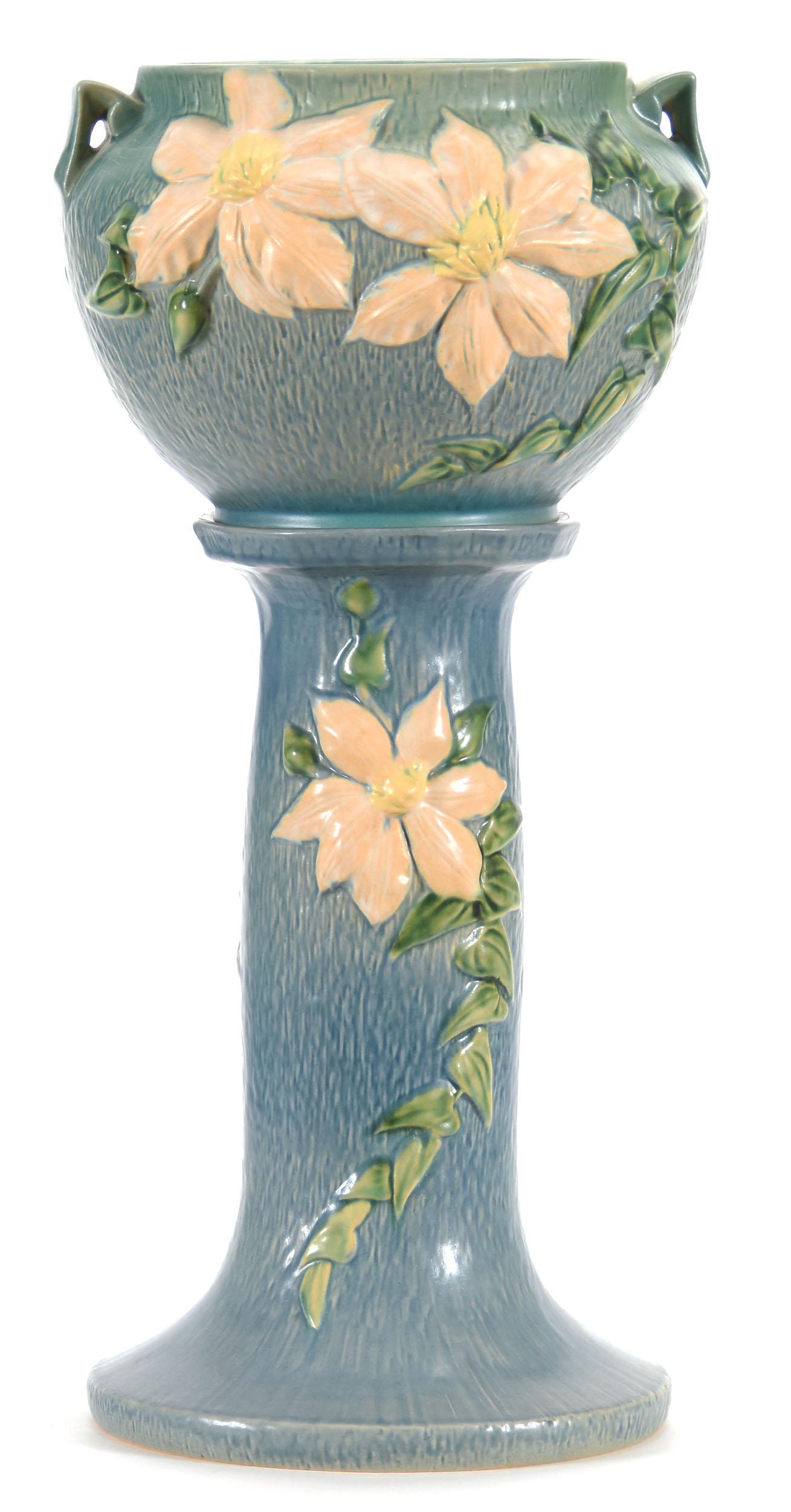 Roseville Art Pottery 2 Piece Jardiniere: Roseville Art Pottery 2 Piece Jardiniere, Clematis, 24.5" Tall, Bowl Marked 667, 8" Blue, Green Tones, Professional Rim Touch Up on Bowl; Circa 1944, Margaret and the Late Joseph Karr Sr., Arkansas. .