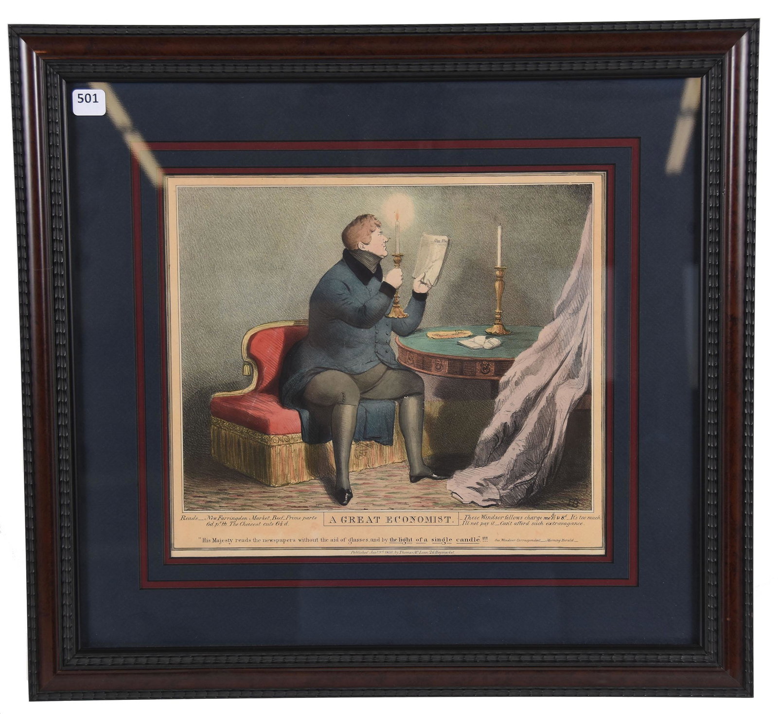 1830 Lithograph, Hand Colored by John Doyle: 1830 Lithograph, Hand Colored by John Doyle A Great Economist (King George IV) Political Sketch by HB, published by Thomas McLean, 1830, 18.5" x 20" Framed & Matted; Circa 1830, Margaret and the Late 