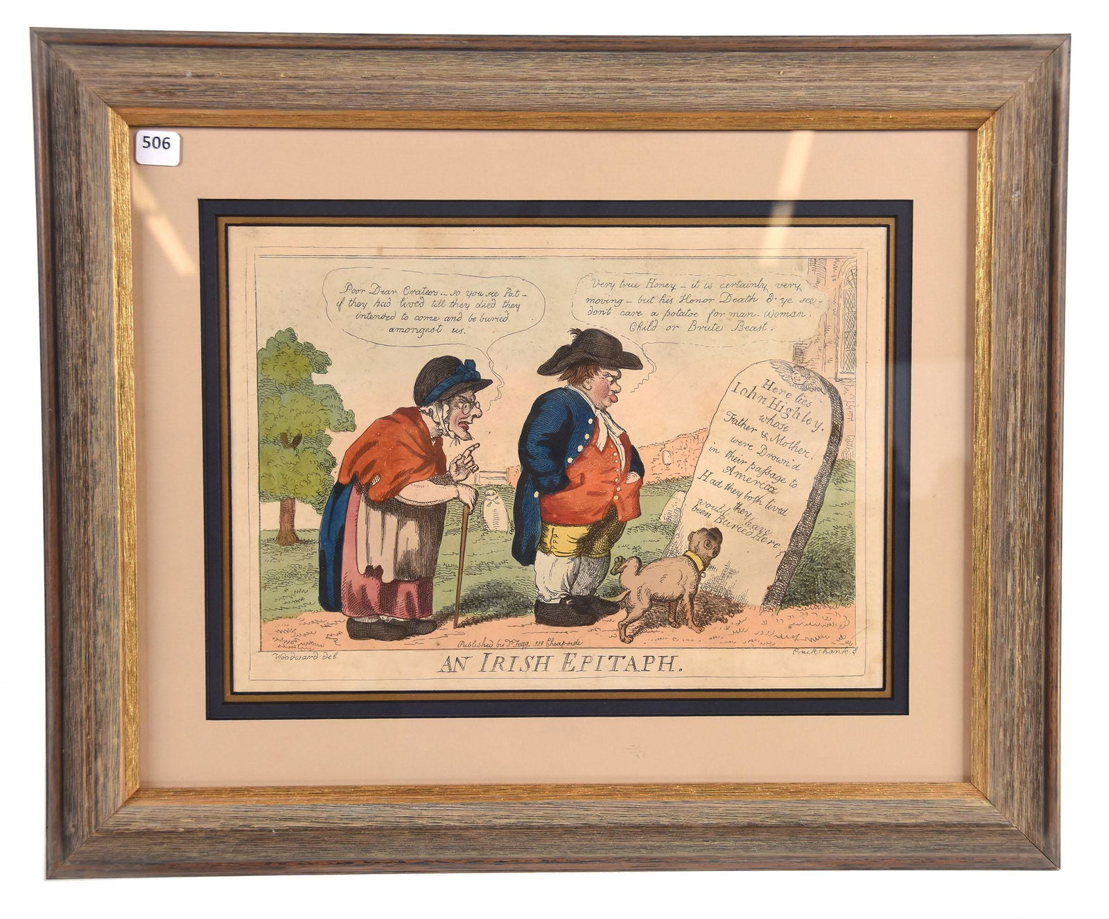 1807 Etching, Hand Colored by Isaac Cruikshank: 1807 Etching, Hand Colored by Isaac Cruikshank an Irish Epitaph (Political Sketch After Woodward) in a Country Churchyard an Old Irish Couple, with a Dog, Gaze at a (Tilted) Tombstone (R.) Inscribed: