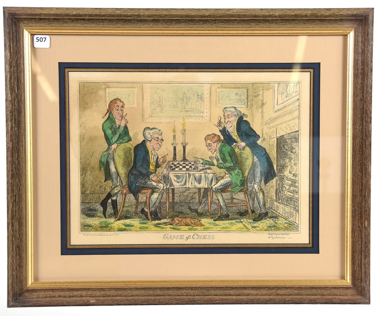 1835 Engraving, Hand Colored by Isaac Cruikshank: 1835 Engraving, Hand Colored by Cruikshank Game of Chess (Political Sketch), a Comic Engraving of Two Aristocratic Gentlemen in Knee Breeches and Powdered Wigs Playing Chess by Candlelight, While Two