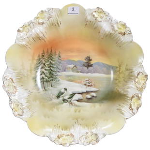 Bowl, Marked RSP, Icicle Mold, Snowbird Scene: Bowl, marked R.S. Prussia, Icicle mold; 10.75" Snowbird scene; Terry Eichler Estate, Wisconsin