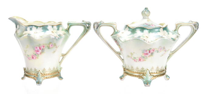 Creamer & Sugar, Marked RSP: Creamer & Sugar, marked R.S. Prussia; Rose Garland scene, satin finish, cream & green tones, white blossom highlights, gold trim; Eseline Reynolds Estate, California